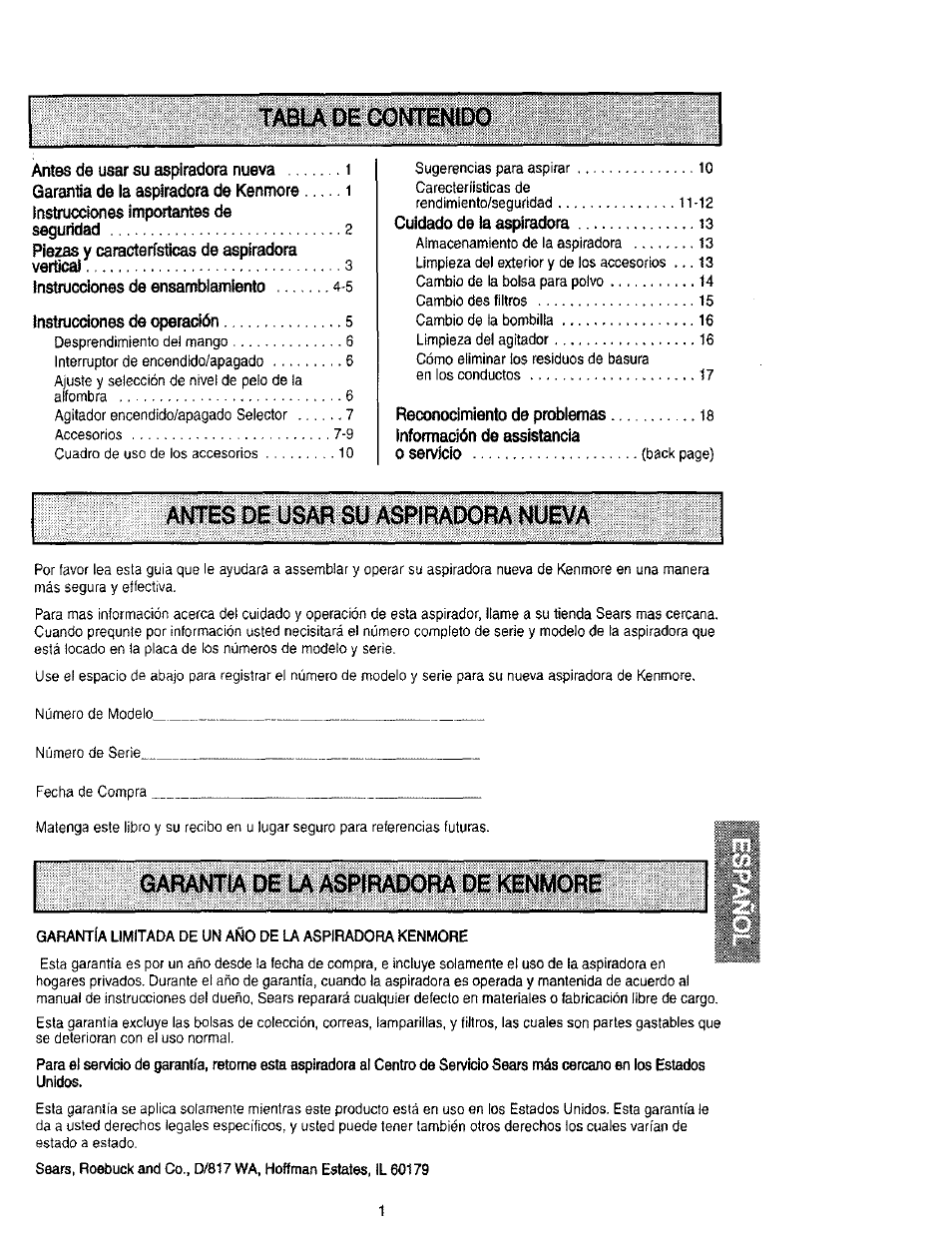 Tabladeoontentdo, Antes de usar su aspiradora nueva, Garantia de | Aspiradora de kenmore | Kenmore 116.31912 User Manual | Page 21 / 40