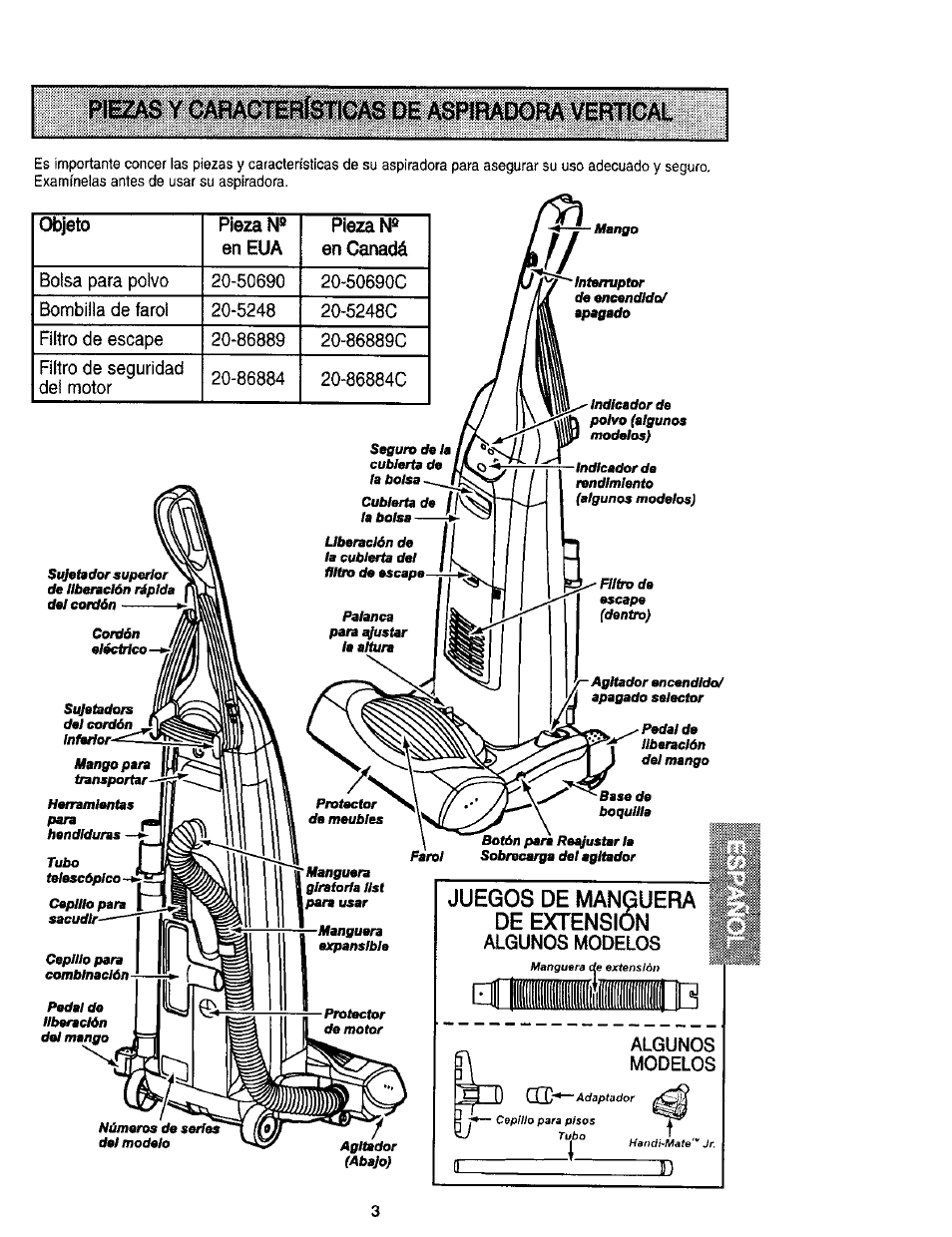 Piez/tô y caracne«snnc/№ de mpiradora veotcal, Algunos, Modelos | Aa— b, Juegos de manguera de extension, Objeto pieza n® en eua pieza n® en canadá | Kenmore 116.31912 User Manual | Page 23 / 40