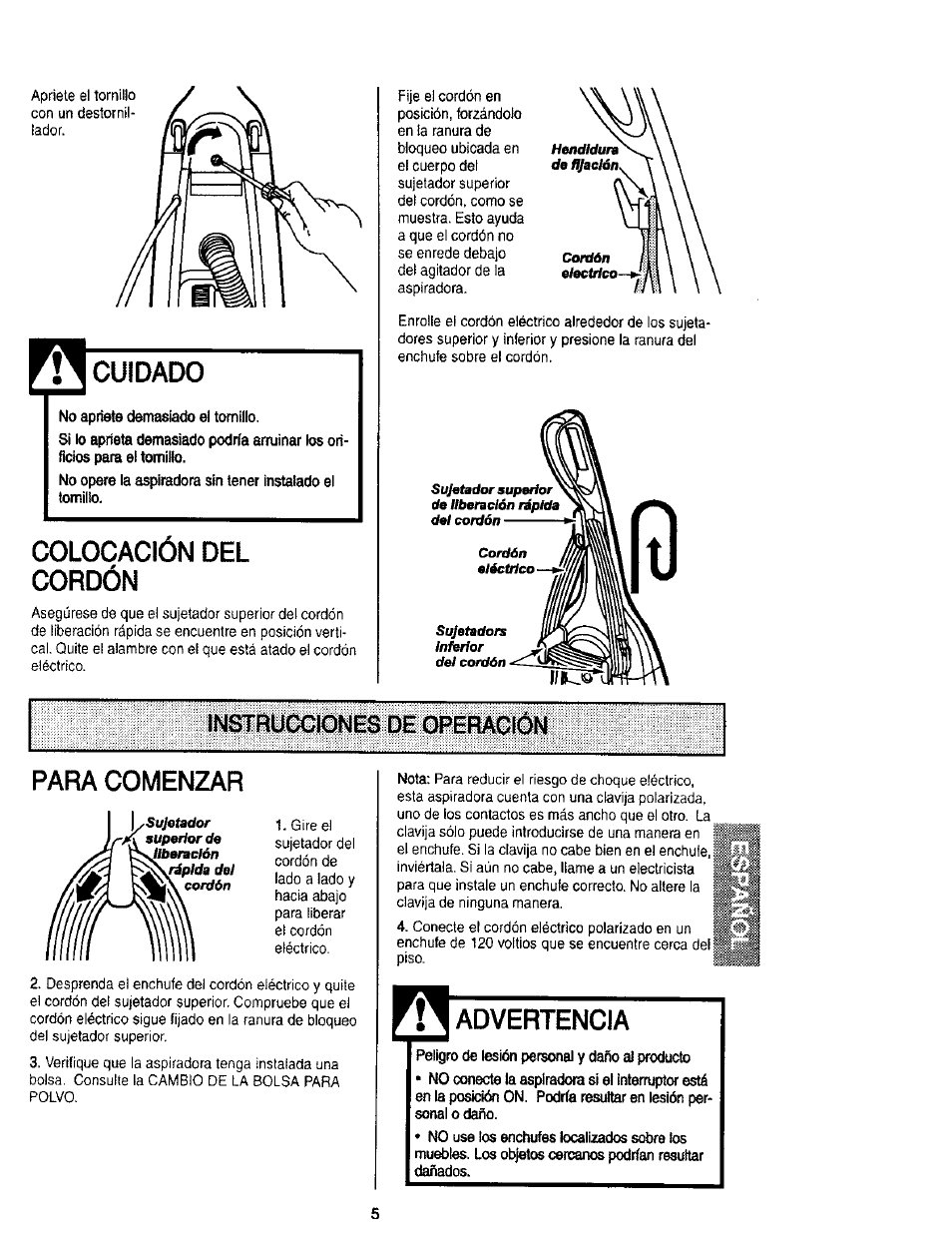 Colocación del cordón, Para comenzar, Advertencia | Cuidado, Instrucciones de operación para comenzar | Kenmore 116.31912 User Manual | Page 25 / 40