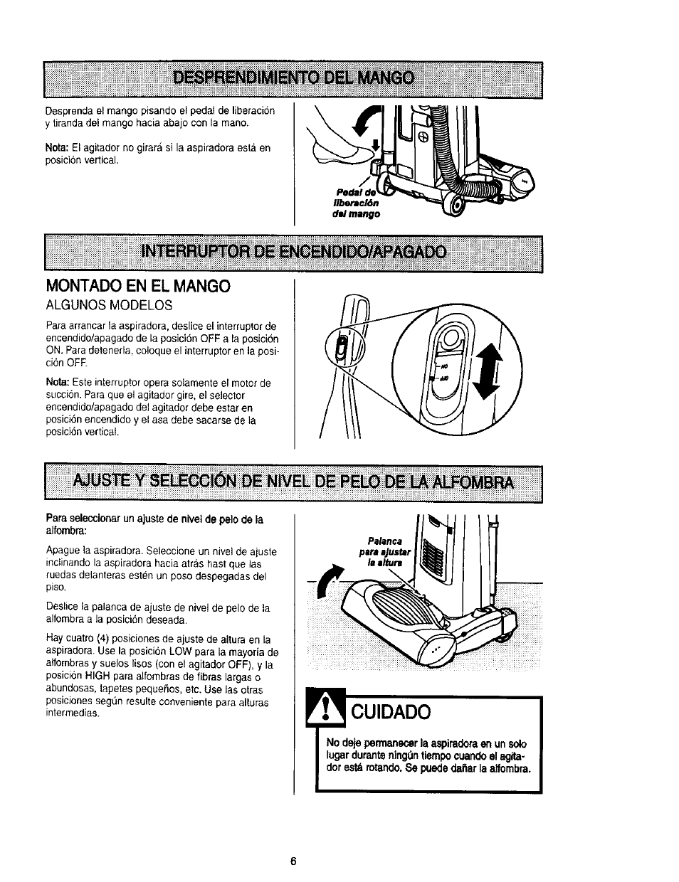 Interruptor de encendrootapafiado, Montado en el mango, Algunos modelos | Interruptor de encendido/apagado, Cuidado | Kenmore 116.31912 User Manual | Page 26 / 40