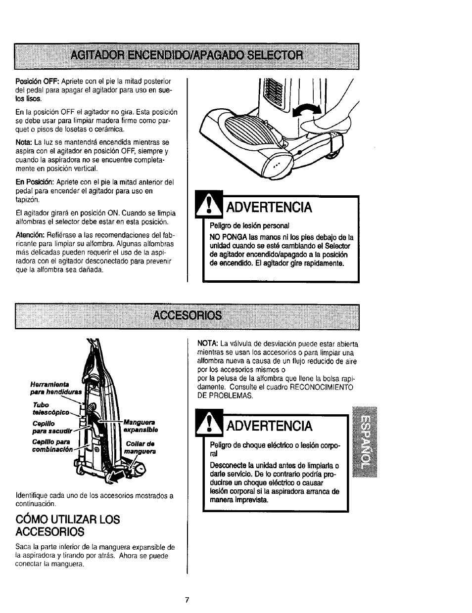 Agítadob ehcend1do/apagado seiector, Advertencia, Accesorios | Agitador encendido/apagado selector, Accesorios -9 | Kenmore 116.31912 User Manual | Page 27 / 40