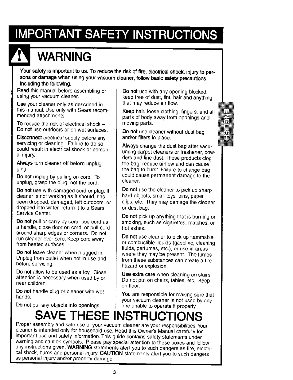 Important safety instructions, Warning, Save these instructions | Kenmore 116.31912 User Manual | Page 3 / 40