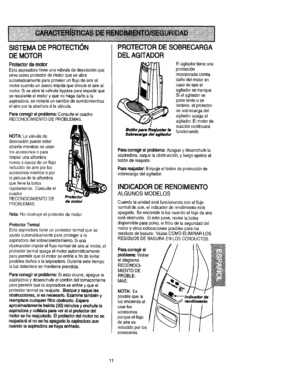 Protector de motor, Algunos modelos, Sistema de protectión de motor | Protector de sobrecarga del agitador, Indicador de rendimiento | Kenmore 116.31912 User Manual | Page 31 / 40