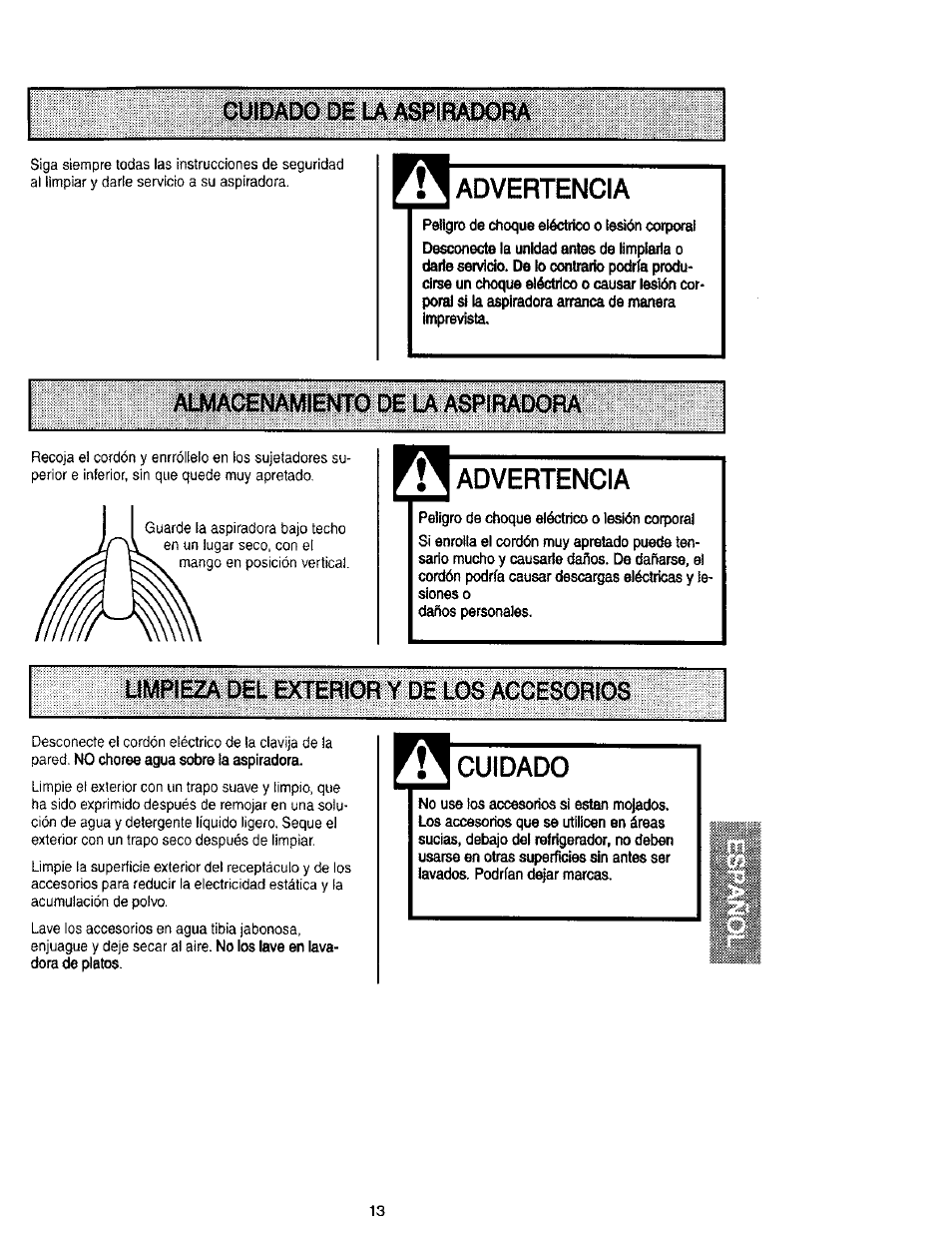 Cuidado de la aspiradora, Advertencia, Almacenamiento de u aspiradora | Cuidado, Almacenamiento de la aspiradora | Kenmore 116.31912 User Manual | Page 33 / 40