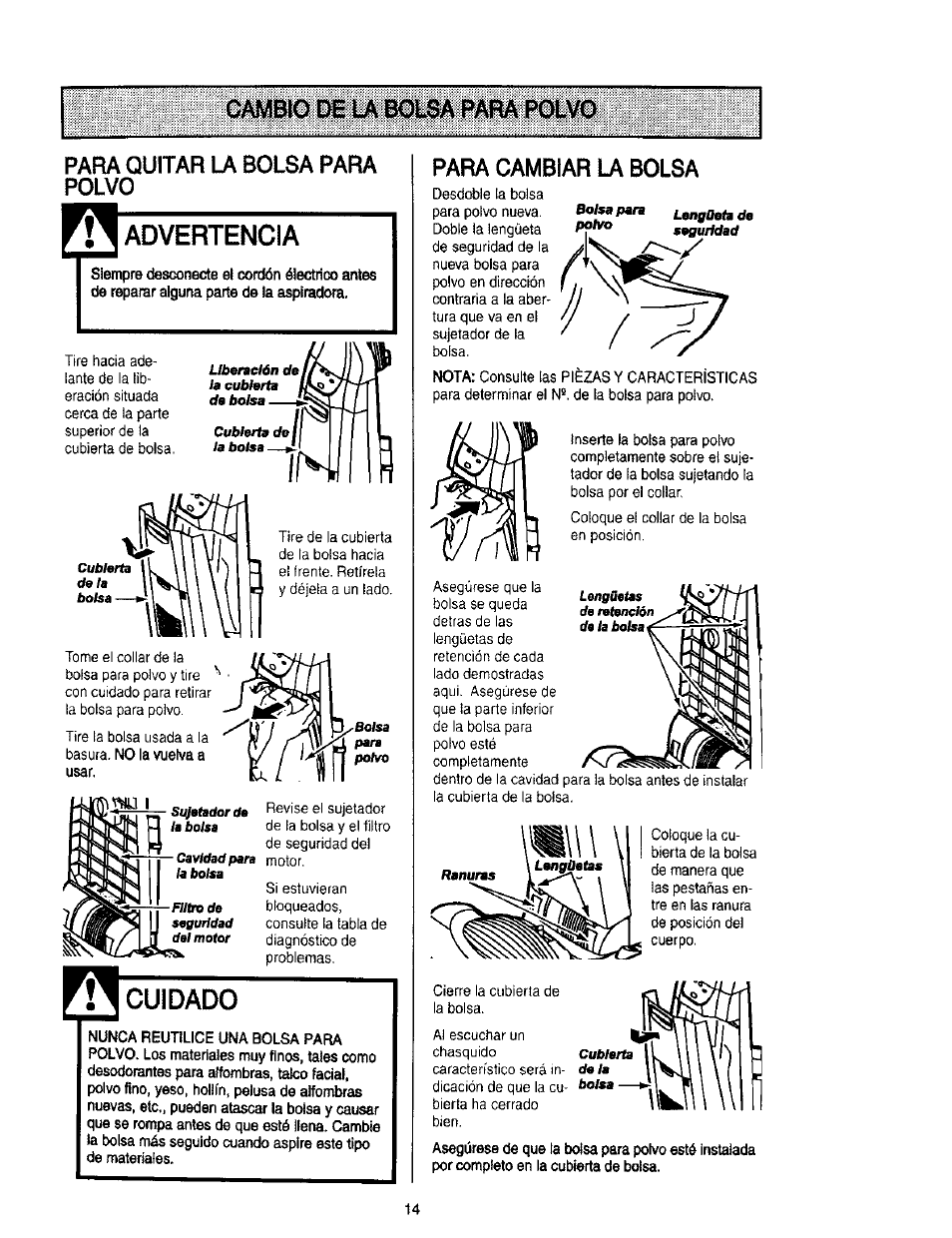 Cambio de u bolsa para polvo, Advertencia, Cuidado | Cambio de la bolsa para polvo, Para cambiar u bolsa | Kenmore 116.31912 User Manual | Page 34 / 40