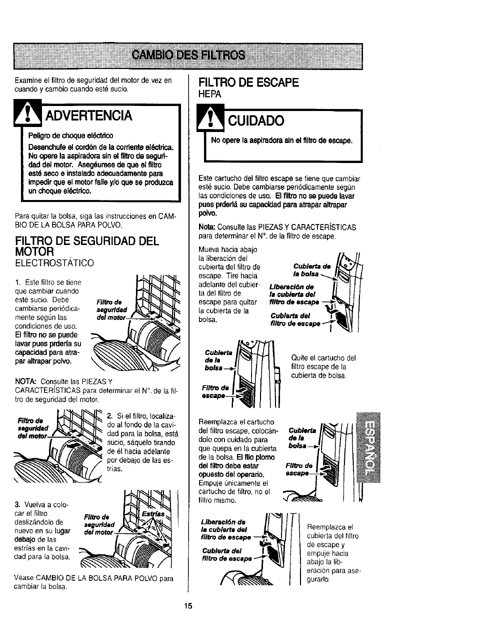 Advertencia, Cuidado, Filtro de seguridad del motor | Filtro de escape | Kenmore 116.31912 User Manual | Page 35 / 40