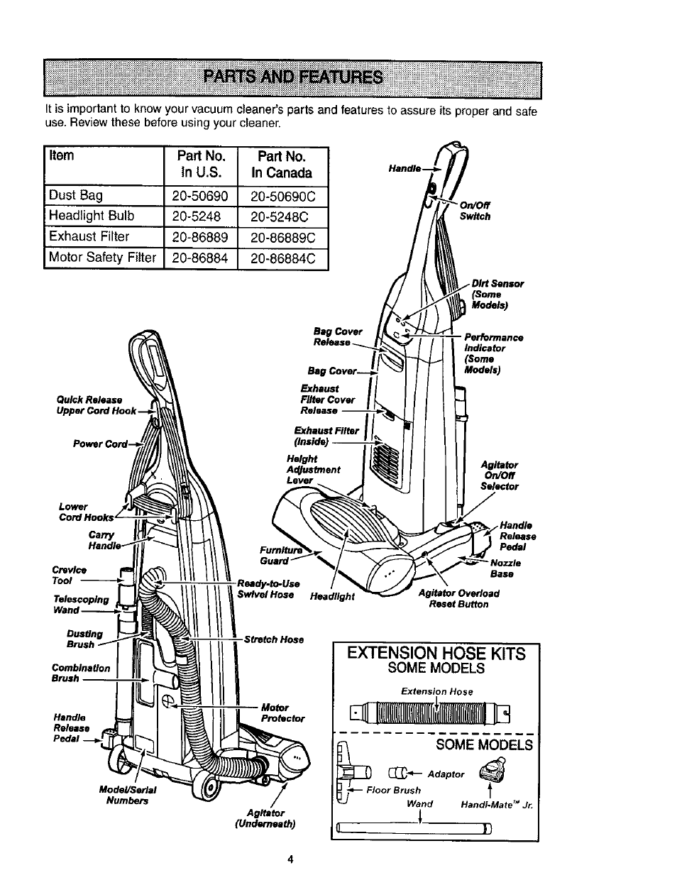 Pahtsandfeatüres, Extension hose kits | Kenmore 116.31912 User Manual | Page 4 / 40