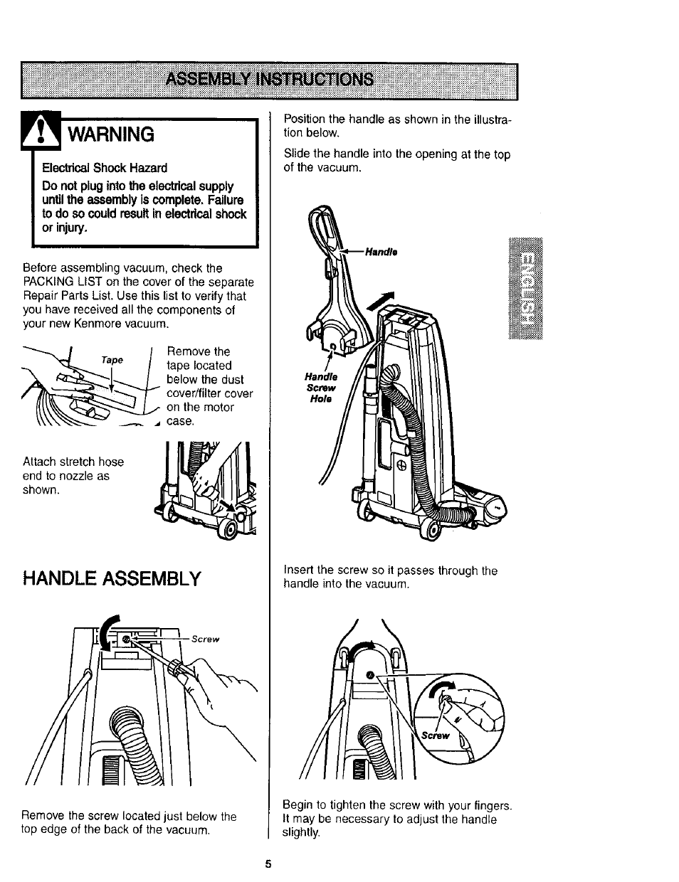 Assembly instructions, Warning, Electrical shock hazard | Handle assembly | Kenmore 116.31912 User Manual | Page 5 / 40