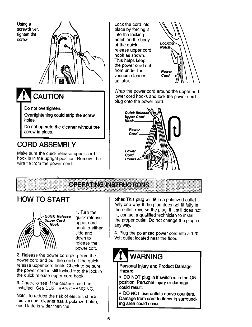 Caution, Do not overtighten, Cord assembly | Operating instructions, How to start, Warning, Operating instructions how to start | Kenmore 116.31912 User Manual | Page 6 / 40