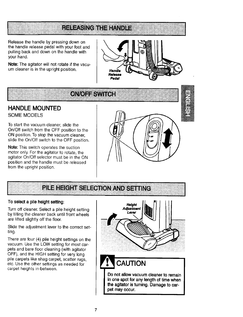 Releasing the handle, Caution, Swrrch handle mounted | Selectionand s | Kenmore 116.31912 User Manual | Page 7 / 40