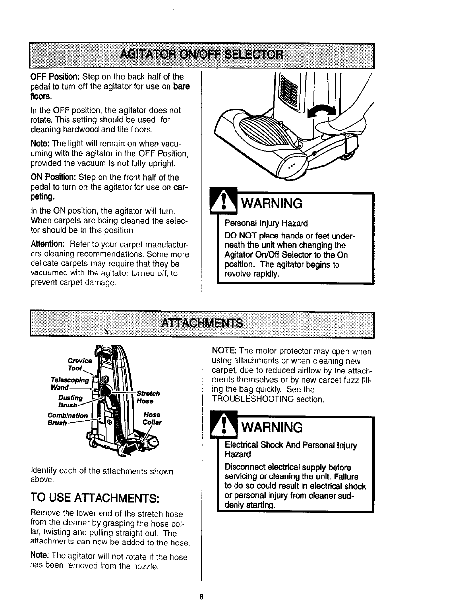 Agitator on/oñ= selector, Warning, Agitator on/off selector | Attachments | Kenmore 116.31912 User Manual | Page 8 / 40