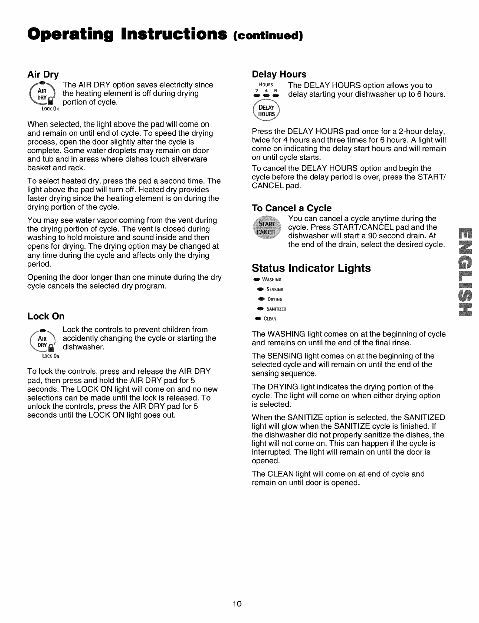 Status indicator lights, Operating instructions, Continued) | Air dry, Delay hours, Lock on | Kenmore 587.15072 User Manual | Page 10 / 21