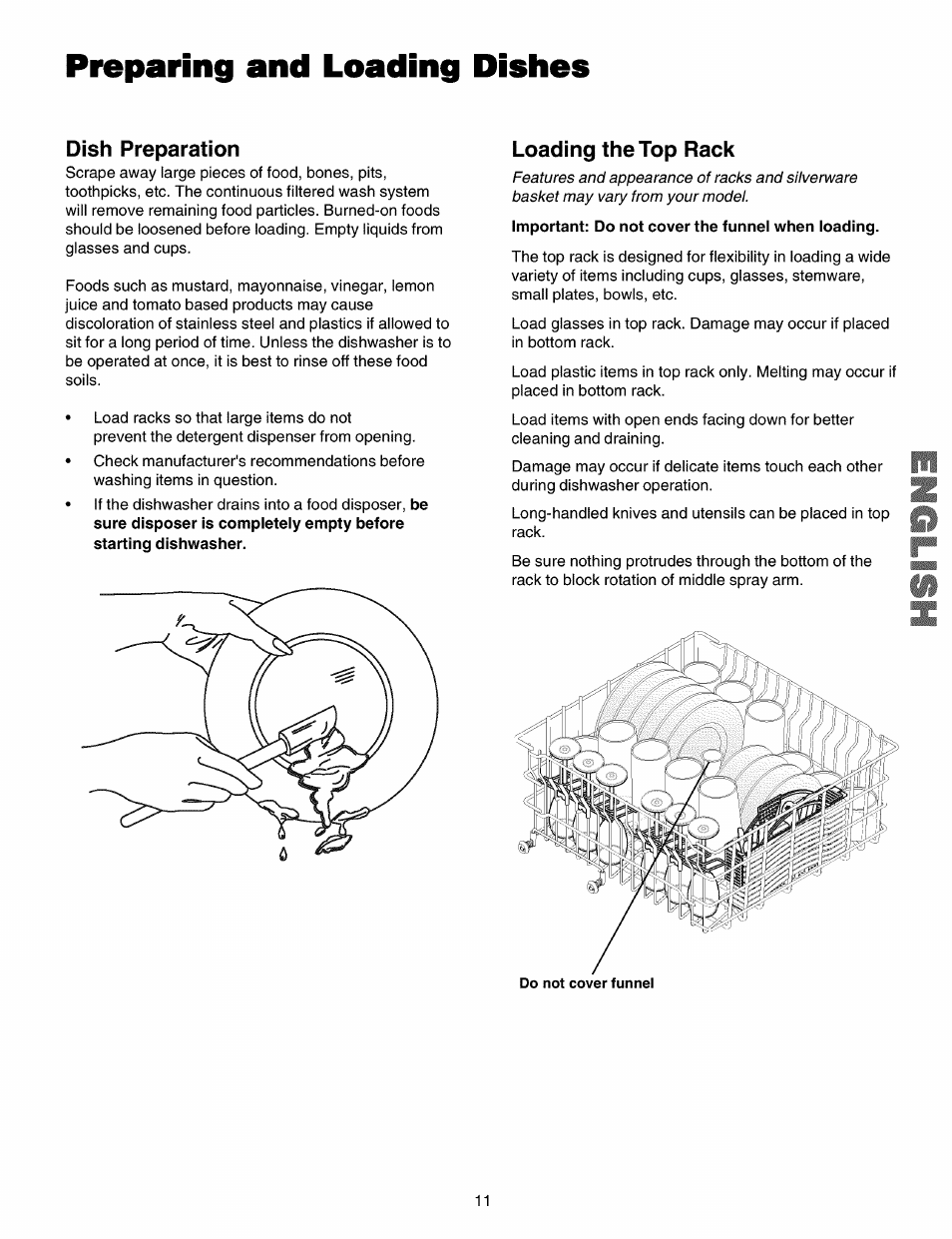 Dish preparation, Loading the top rack, Preparing and loading dishes | Kenmore 587.15072 User Manual | Page 11 / 21