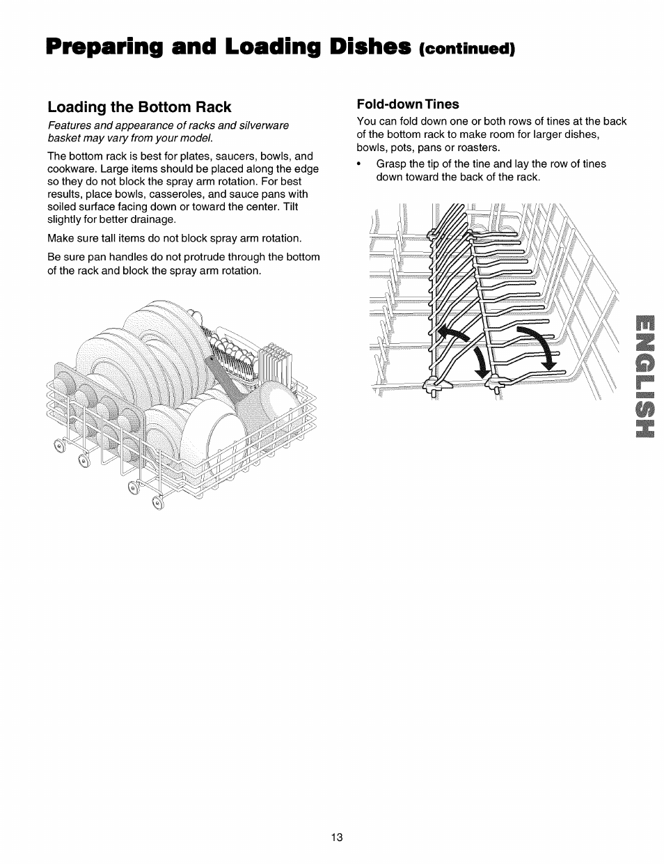 Loading the bottom rack, Preparing and loading dishes, Continued) | Kenmore 587.15072 User Manual | Page 13 / 21