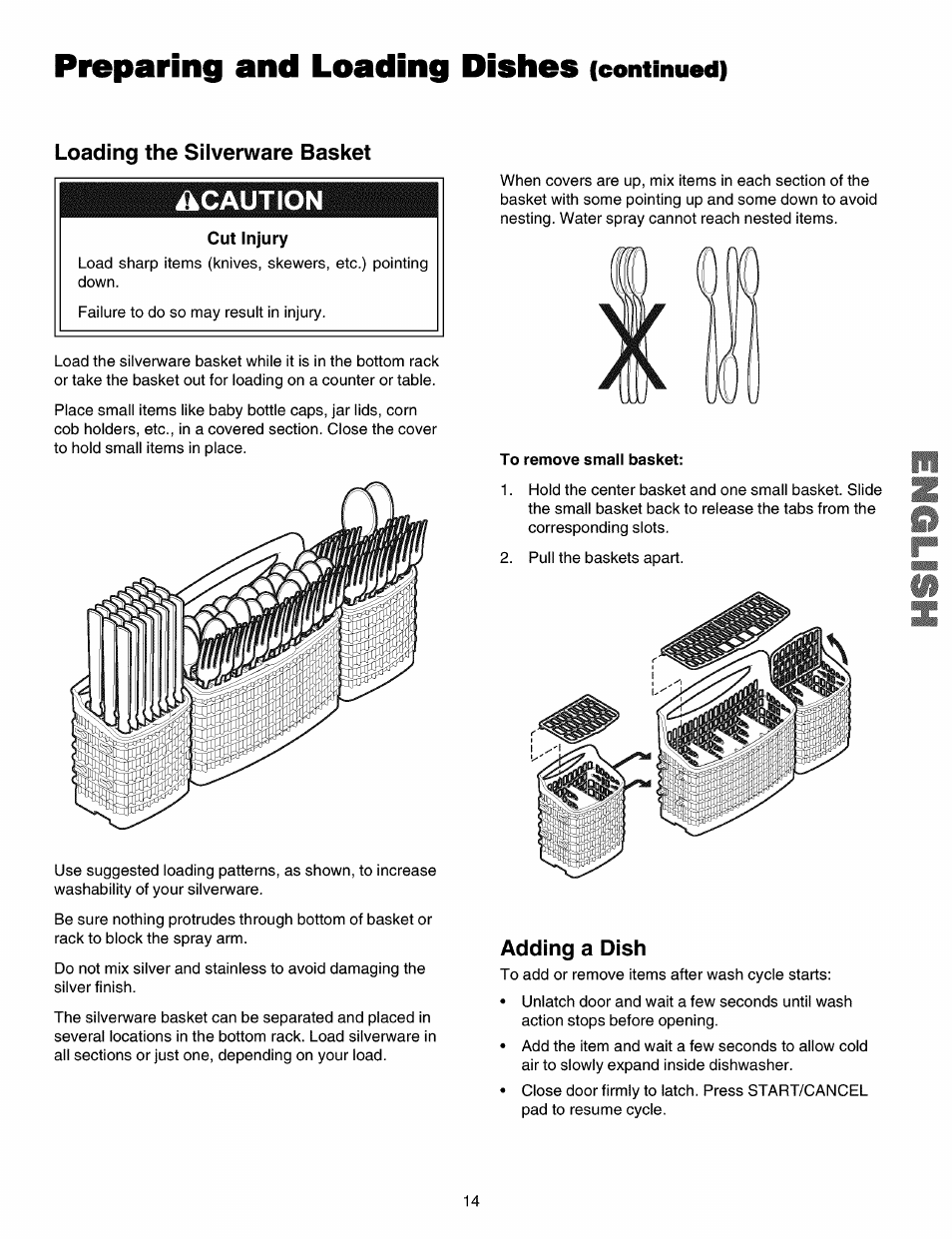 Loading the silverware basket, To remove small basket, Adding a dish | Preparing and loading dishes (continued), Caution, Cut injury | Kenmore 587.15072 User Manual | Page 14 / 21