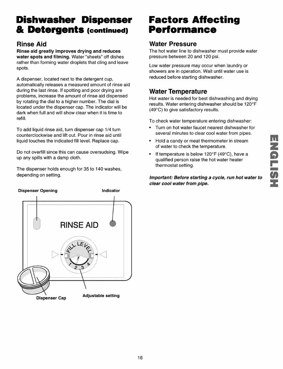 Dishwasher dispenser & detergents (continued), Rinse aid, Factors affecting performance | Water pressure, Water temperature, Dishwasher dispenser & detergents, Continued) | Kenmore 587.15072 User Manual | Page 16 / 21