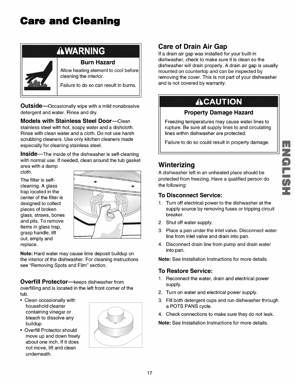 Care and cleaning, Care of drain air gap, Winterizing | Warning, Ikcaution, Burn hazard, Outside, Models with stainless steel door, Inside, Overfill protector | Kenmore 587.15072 User Manual | Page 17 / 21
