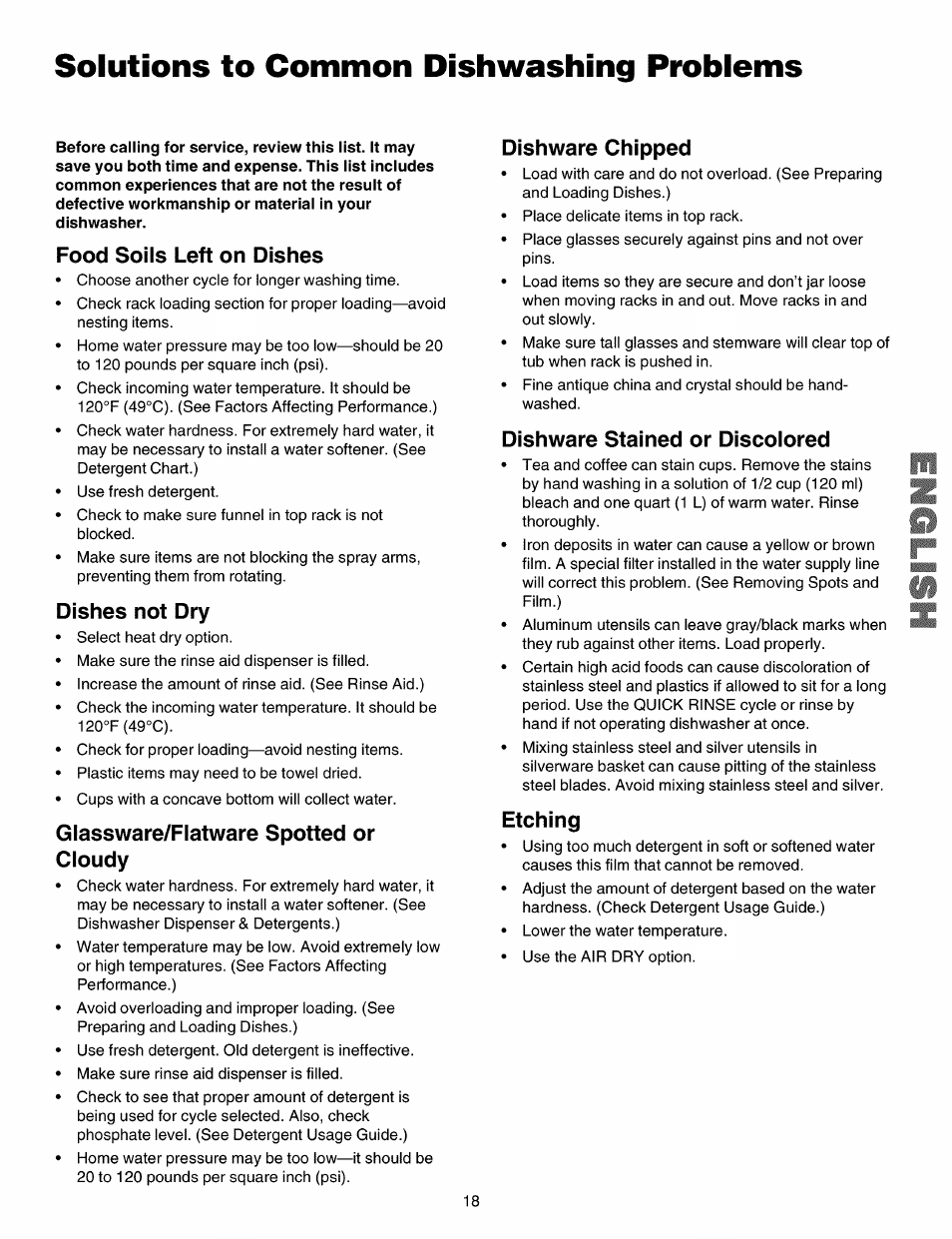 Food soils left on dishes, Dishes not dry, Glassware/flatware spotted or cloudy | Dishware chipped, Dishware stained or discolored, Etching, Solutions to common dishwashing problems | Kenmore 587.15072 User Manual | Page 18 / 21