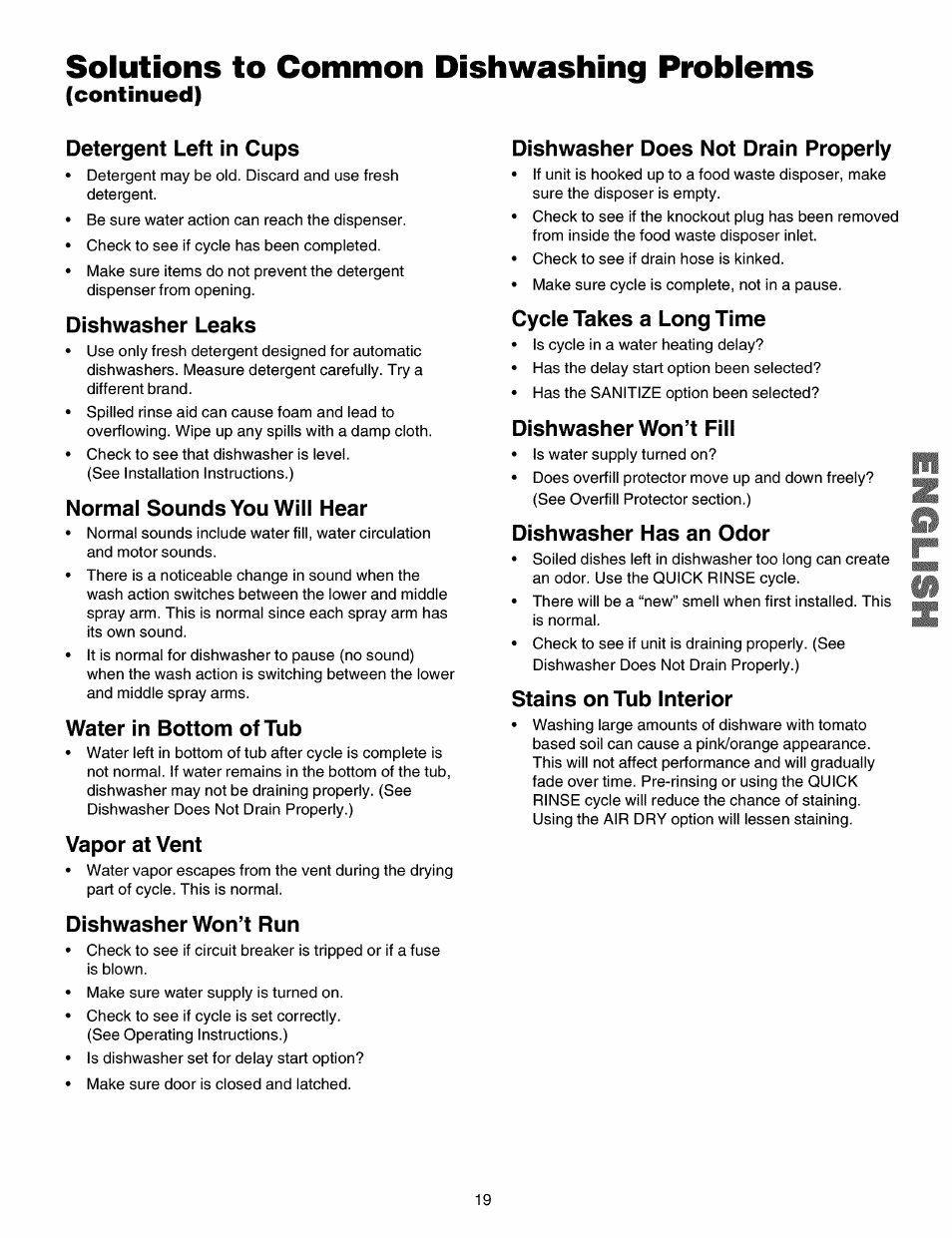 Detergent left in cups, Dishwasher leaks, Normal sounds you will hear | Water in bottom of tub, Vapor at vent, Dishwasher won’t run, Dishwasher does not drain properly, Cycle takes a long time, Dishwasher won’t fill, Dishwasher has an odor | Kenmore 587.15072 User Manual | Page 19 / 21