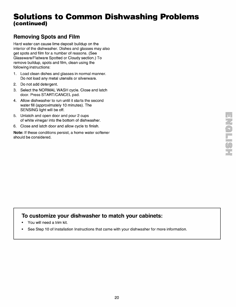 Removing spots and film, Solutions to common dishwashing problems, Continued) | Kenmore 587.15072 User Manual | Page 20 / 21