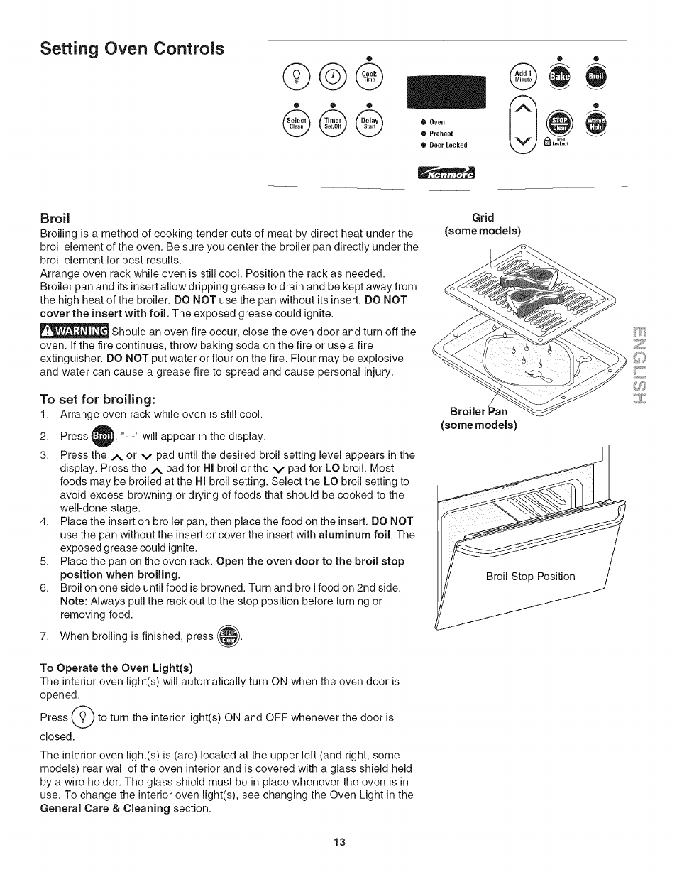 Broil, To set for broiling, Grid | To operate the oven light(s), Setting oven controls | Kenmore 790.4778 User Manual | Page 13 / 26