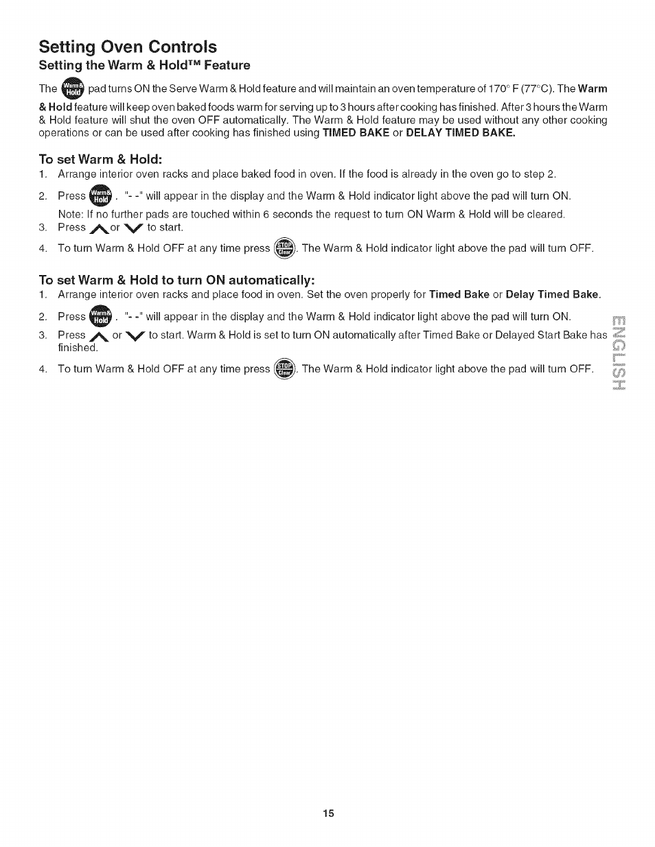 To set warm & hold, To set warm & hold to turn on automatically, Setting oven controls | Kenmore 790.4778 User Manual | Page 15 / 26