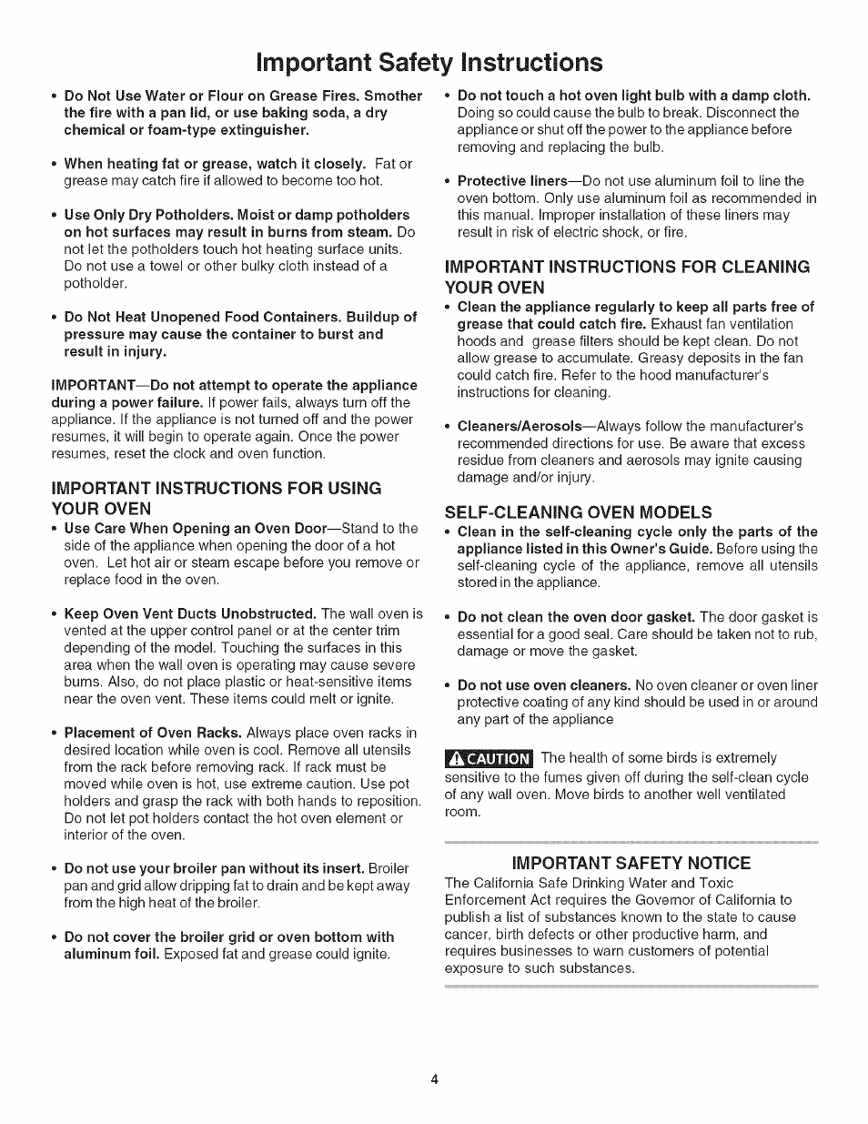 Important instructions for using your oven, Important instructions for cleaning your oven, Self-cleaning oven models | Important safety notice, Important safety instructions | Kenmore 790.4778 User Manual | Page 4 / 26