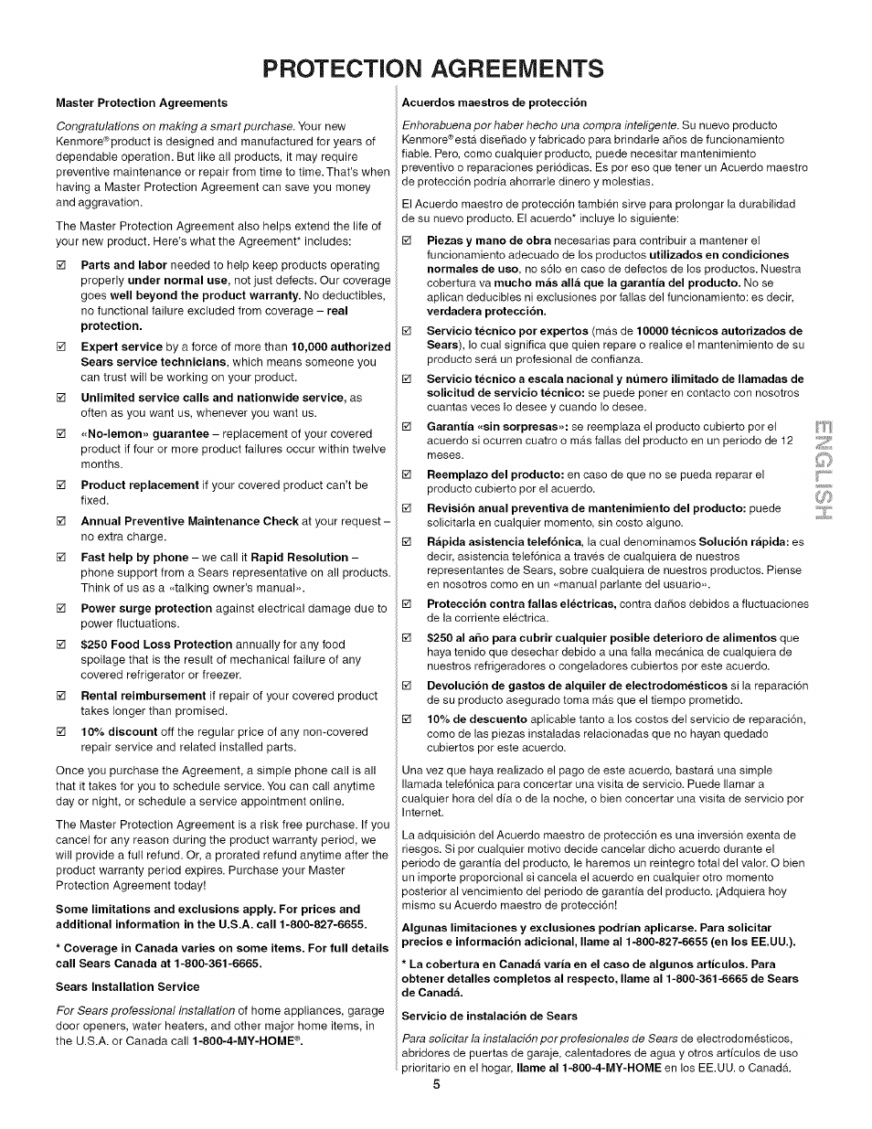 Protection agreements | Kenmore 790.4778 User Manual | Page 5 / 26