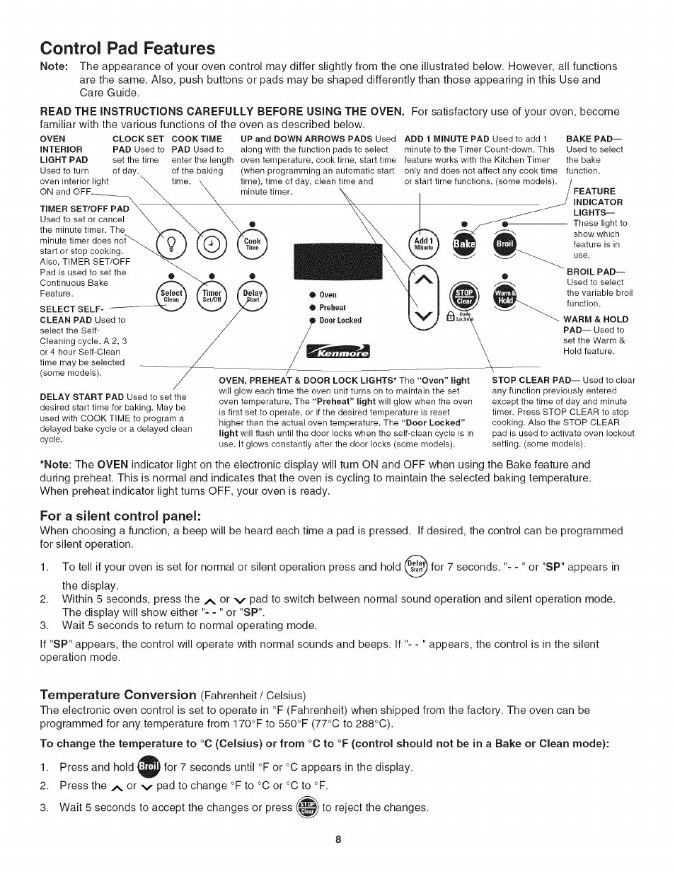 For a silent control panel, Control pad features, Temperature conversion | Kenmore 790.4778 User Manual | Page 8 / 26