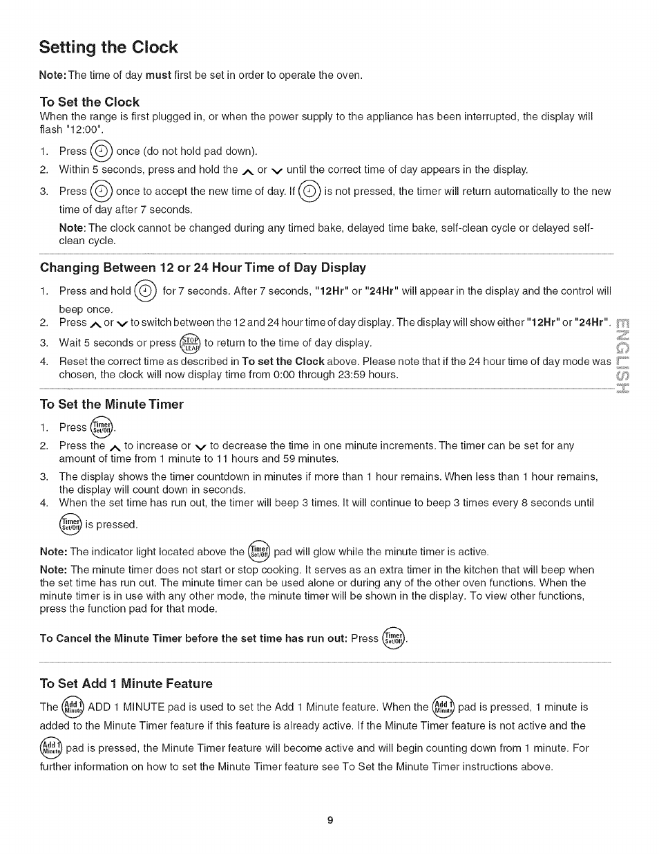 To set the clock, Changing between 12 or 24 hour time of day display, To set the minute timer | To set add 1 minute feature, Setting the clock | Kenmore 790.4778 User Manual | Page 9 / 26