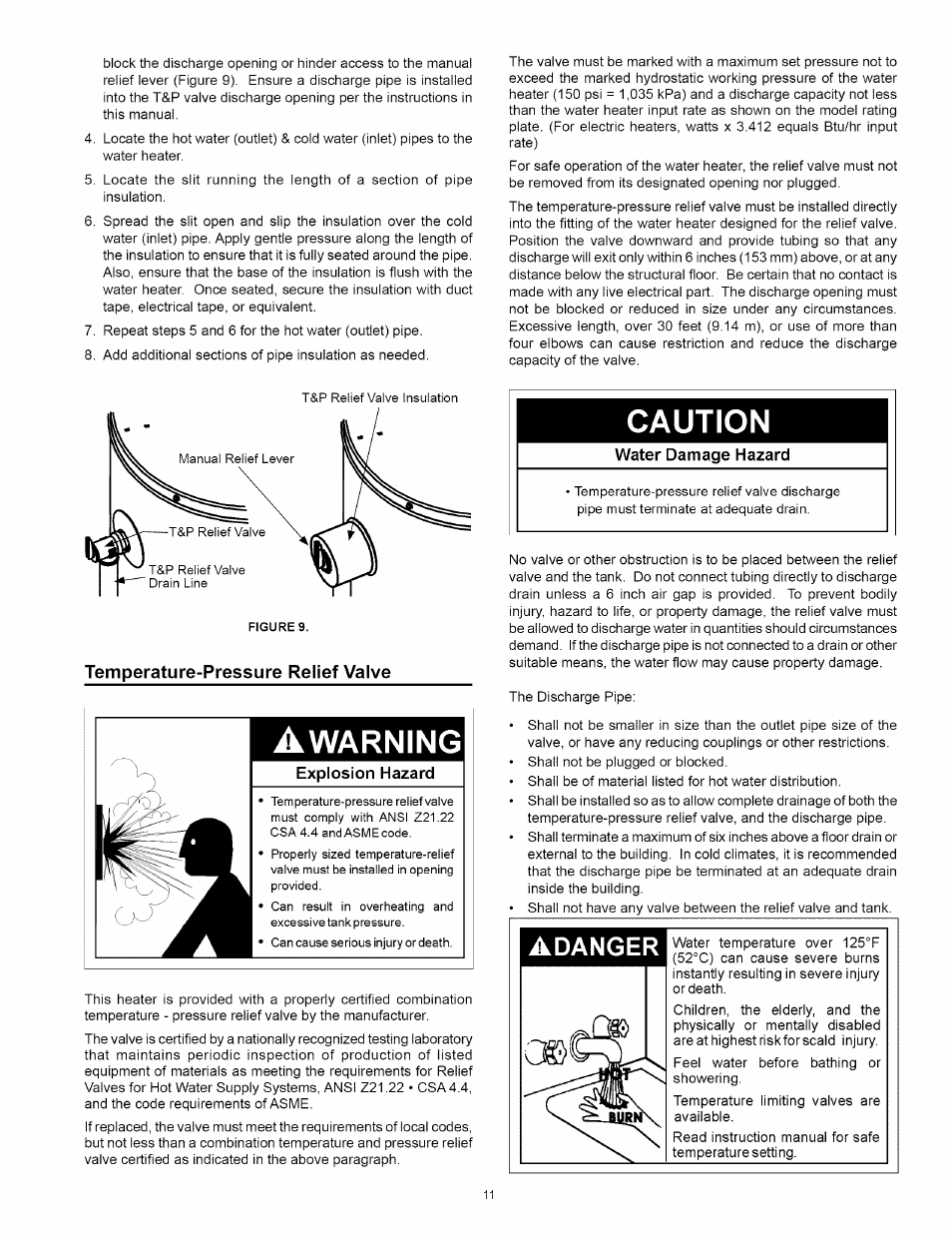 Caution, Temperature-pressure relief valve, Adanger | Temperature-pressure relief valve 11, Warning | Kenmore 153.31242 User Manual | Page 11 / 24