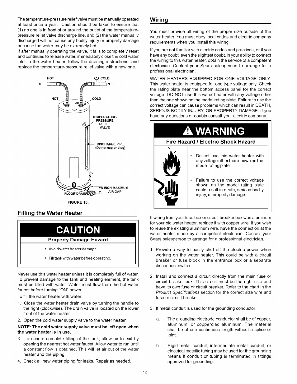 Filling the water heater, Caution, Warning | Wiring | Kenmore 153.31242 User Manual | Page 12 / 24