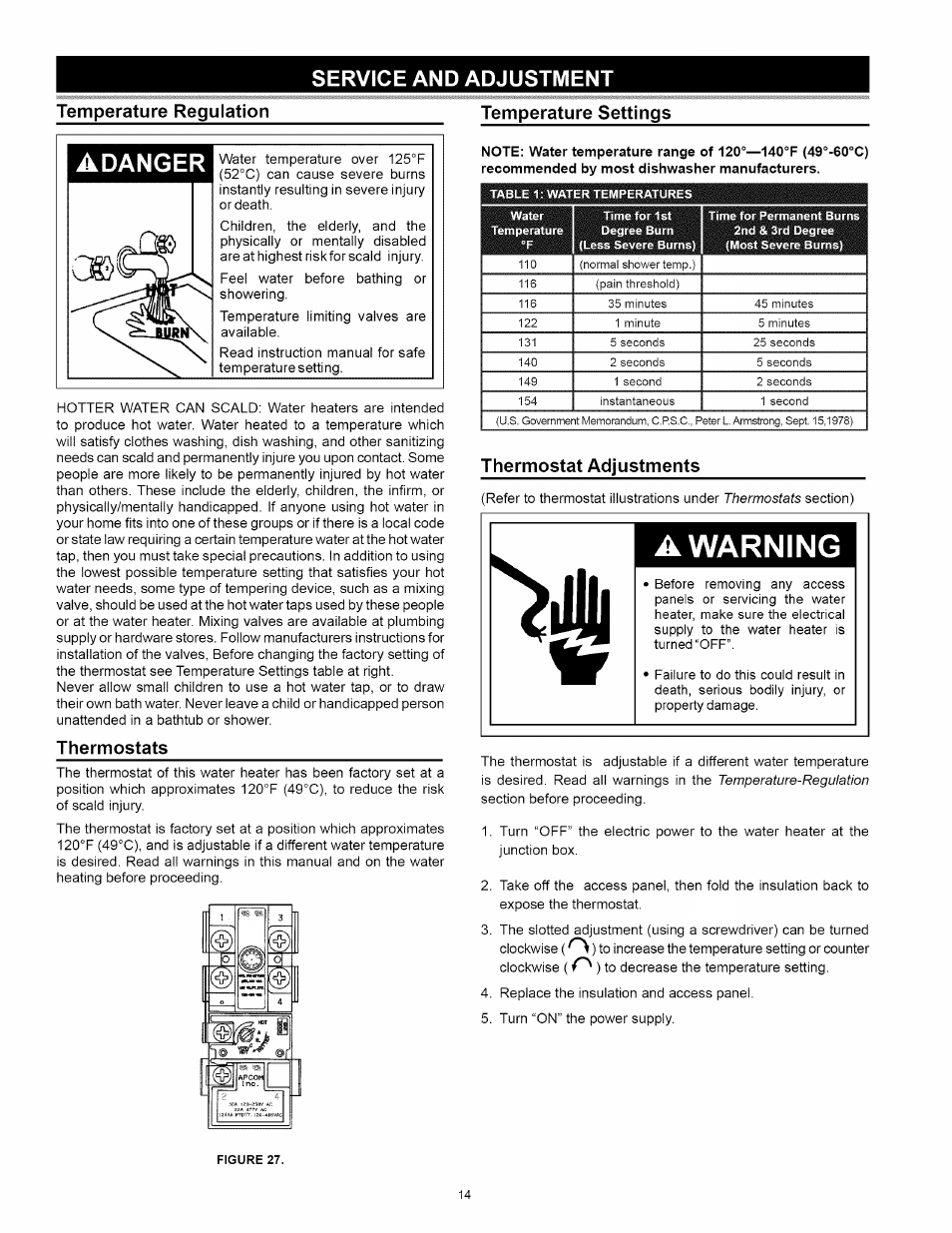 Service and adjustment, Temperature regulation, Adanger | Thermostats, Temperature settings, Thermostat adjustments, A warning, Service and adjustment -22, Lower thermostat adjustment 18 | Kenmore 153.31242 User Manual | Page 14 / 24