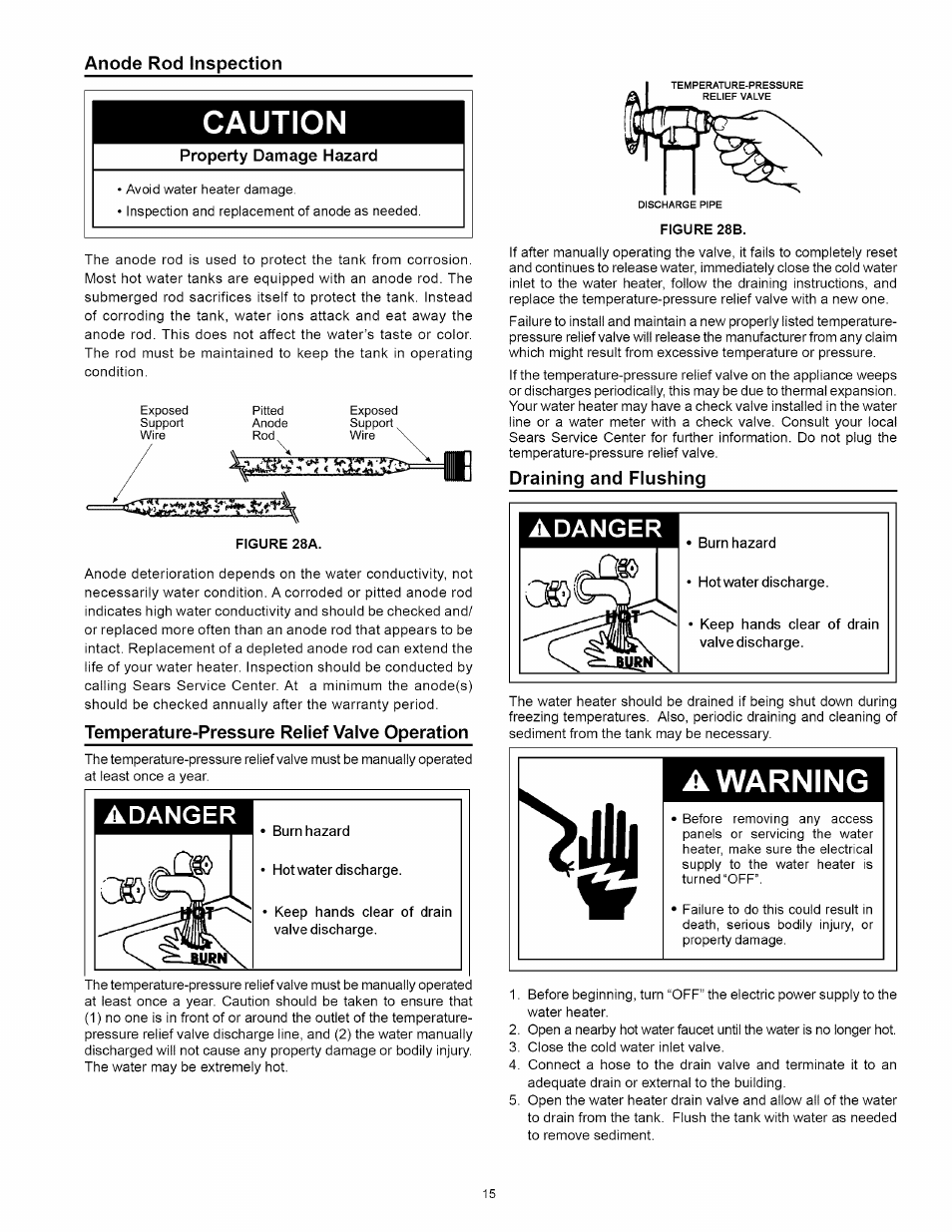 Anode rod inspection, Caution, Temperature-pressure relief valve operation | Draining and flushing, Draining and flushing 19, Va warning, Adanger | Kenmore 153.31242 User Manual | Page 15 / 24