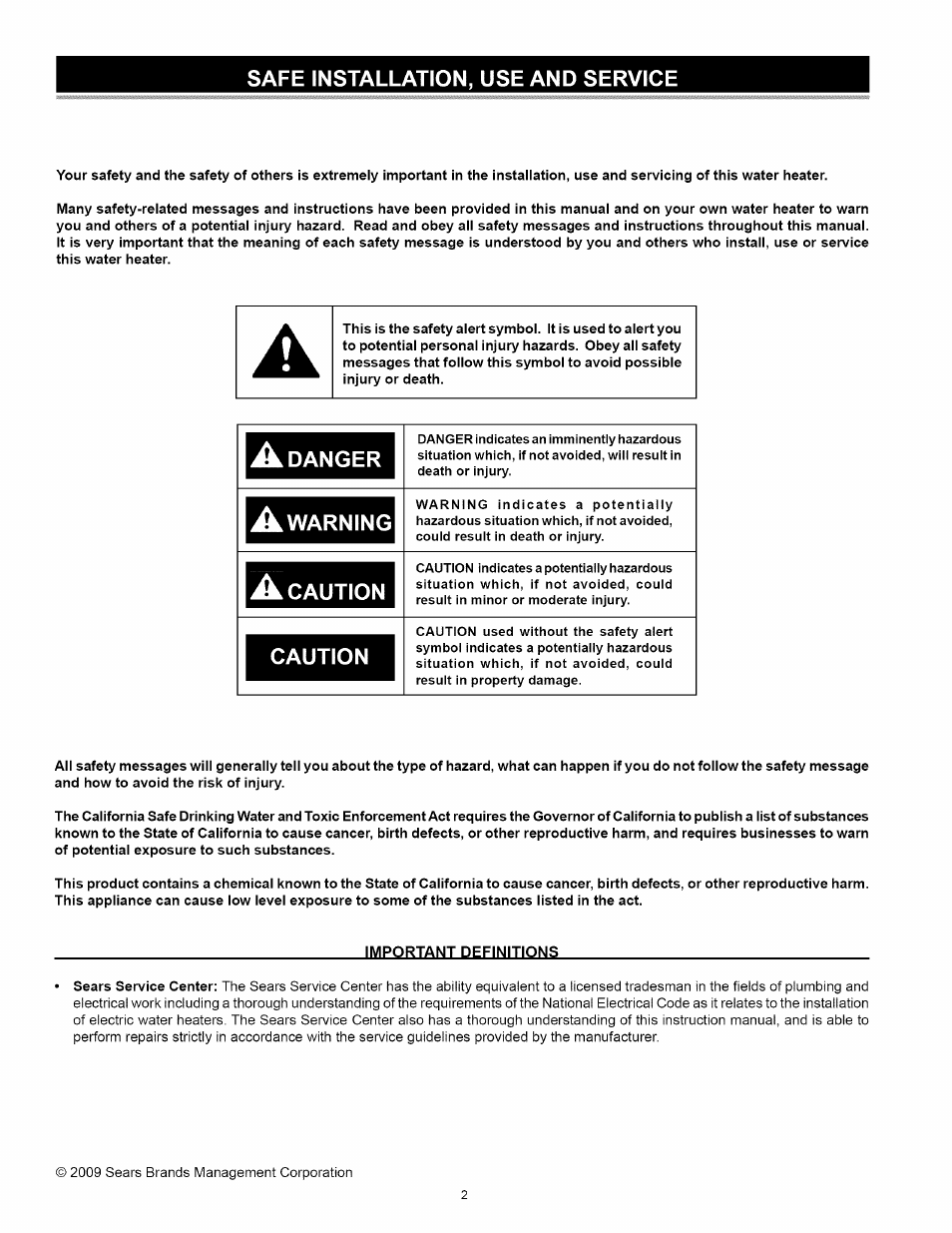 Safe installation, use and service, Adanger, A warning | A caution, Caution, Warning | Kenmore 153.31242 User Manual | Page 2 / 24
