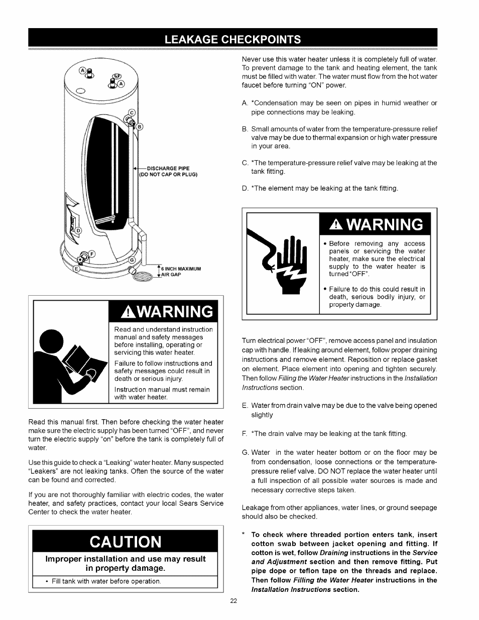 Leakage checkpoints, Awarning, Caution | Ir awarning | Kenmore 153.31242 User Manual | Page 22 / 24