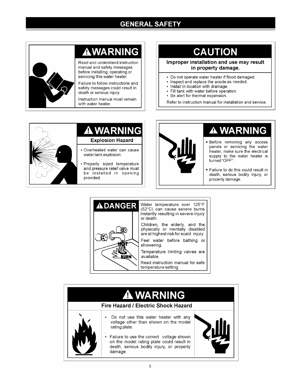 General safety, Awarning, Caution | Adanger, Warning, Fire hazard / electric shock hazard, Vawarning | Kenmore 153.31242 User Manual | Page 3 / 24