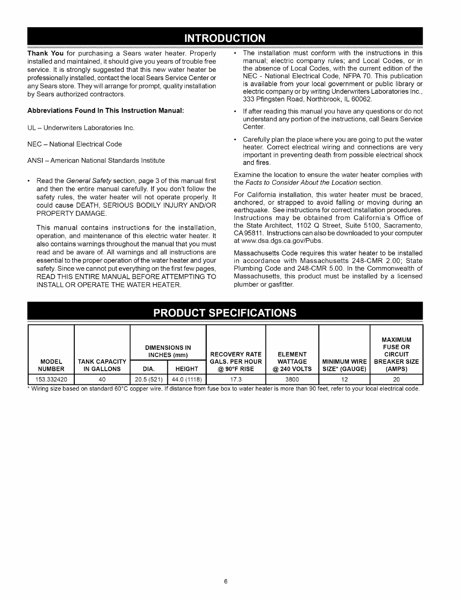 Introduction, Product specifications | Kenmore 153.31242 User Manual | Page 6 / 24