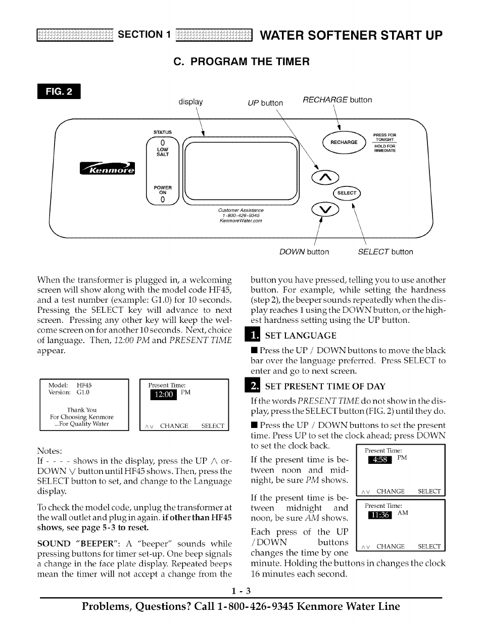 C. program the timer, Water softener start up, The timer | Kenmore ULTRASOFT 625.38888 User Manual | Page 6 / 36