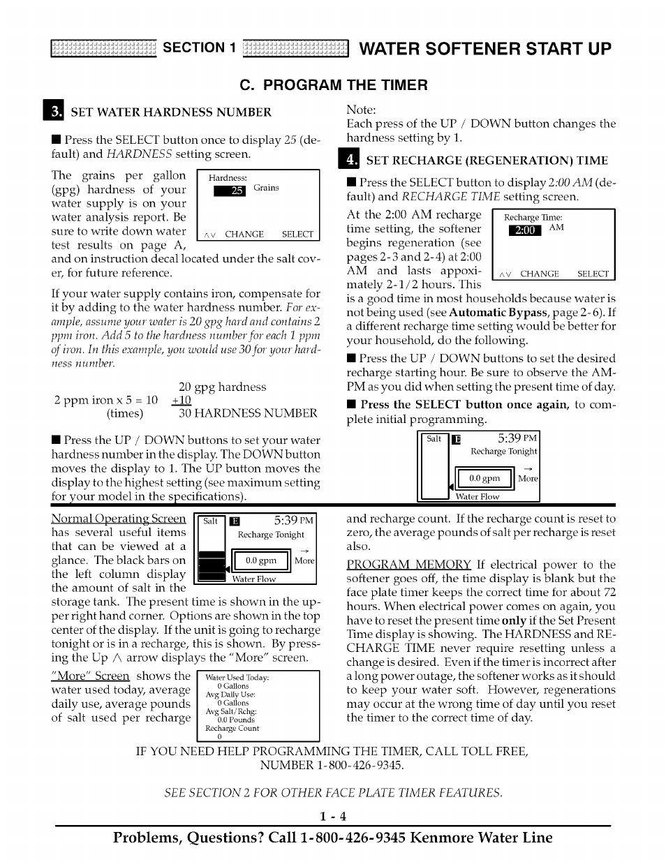 C. program the timer, Q set water hardness number, 0 set recharge (regeneration) time | Water softener start up, The timer | Kenmore ULTRASOFT 625.38888 User Manual | Page 7 / 36