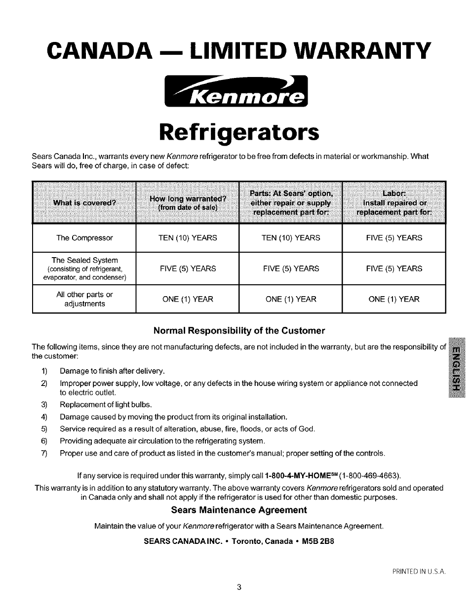 Normai responsibility of the customer, Sears maintenance agreement, Canada — limited warranty | Refrigerators, Kgnmorg | Kenmore 216769500 User Manual | Page 4 / 12