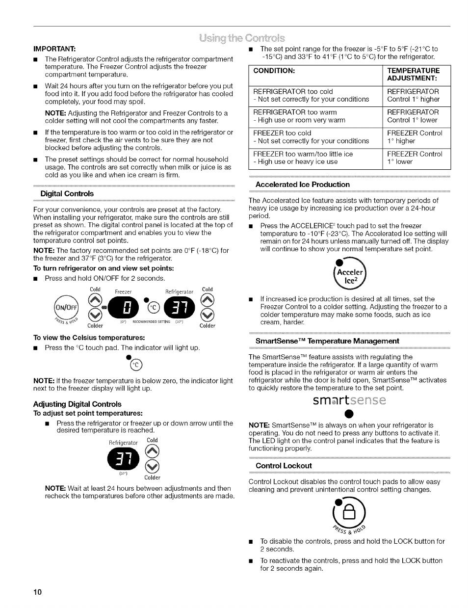 Important, Digital controls, Adjusting digital controls | Accelerated ice production, Smartsense^'^ temperature management, Control lockout, Smart | Kenmore 10656713500 User Manual | Page 10 / 80