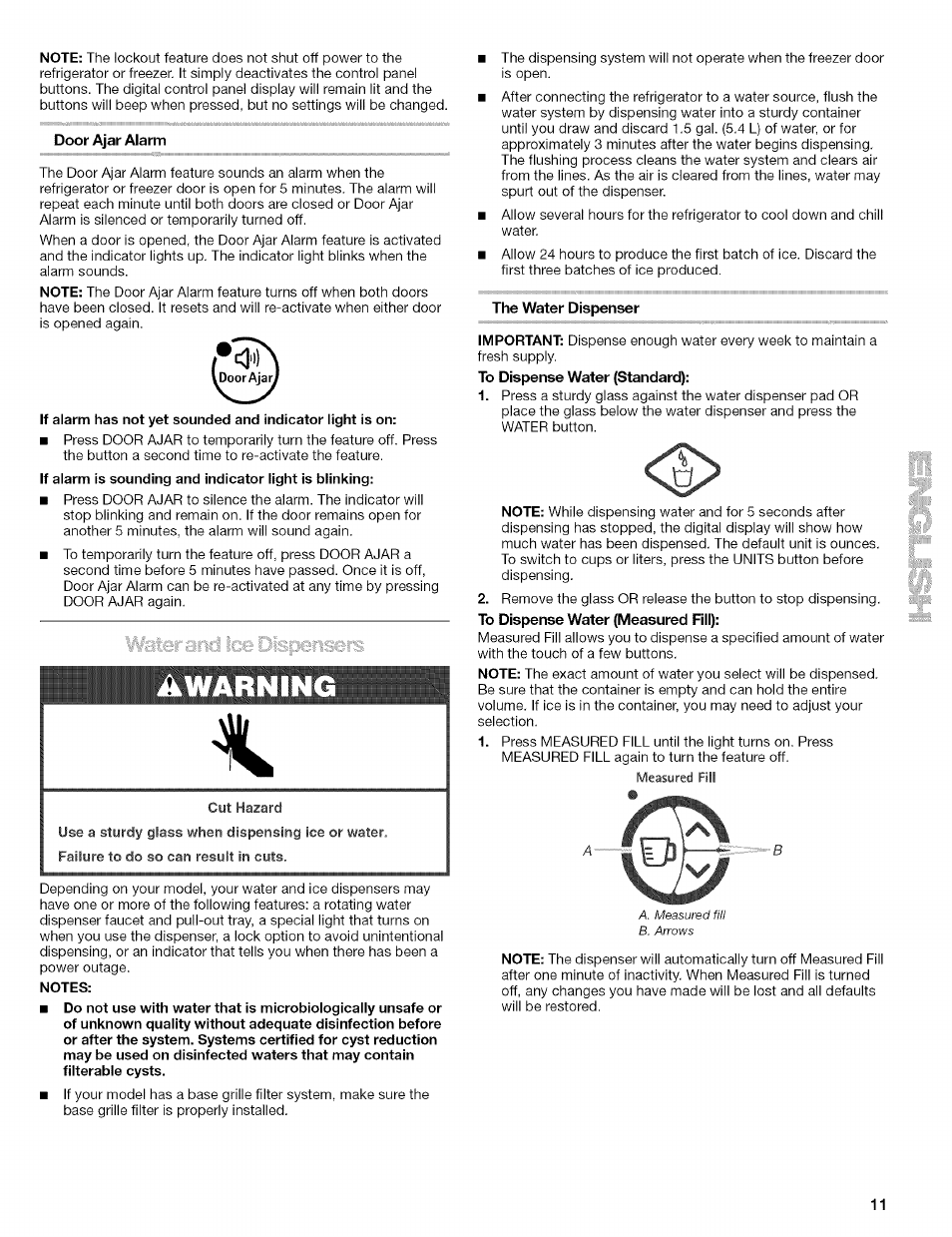 Door ajar alarm, Notes, The water dispenser | Kenmore 10656713500 User Manual | Page 11 / 80