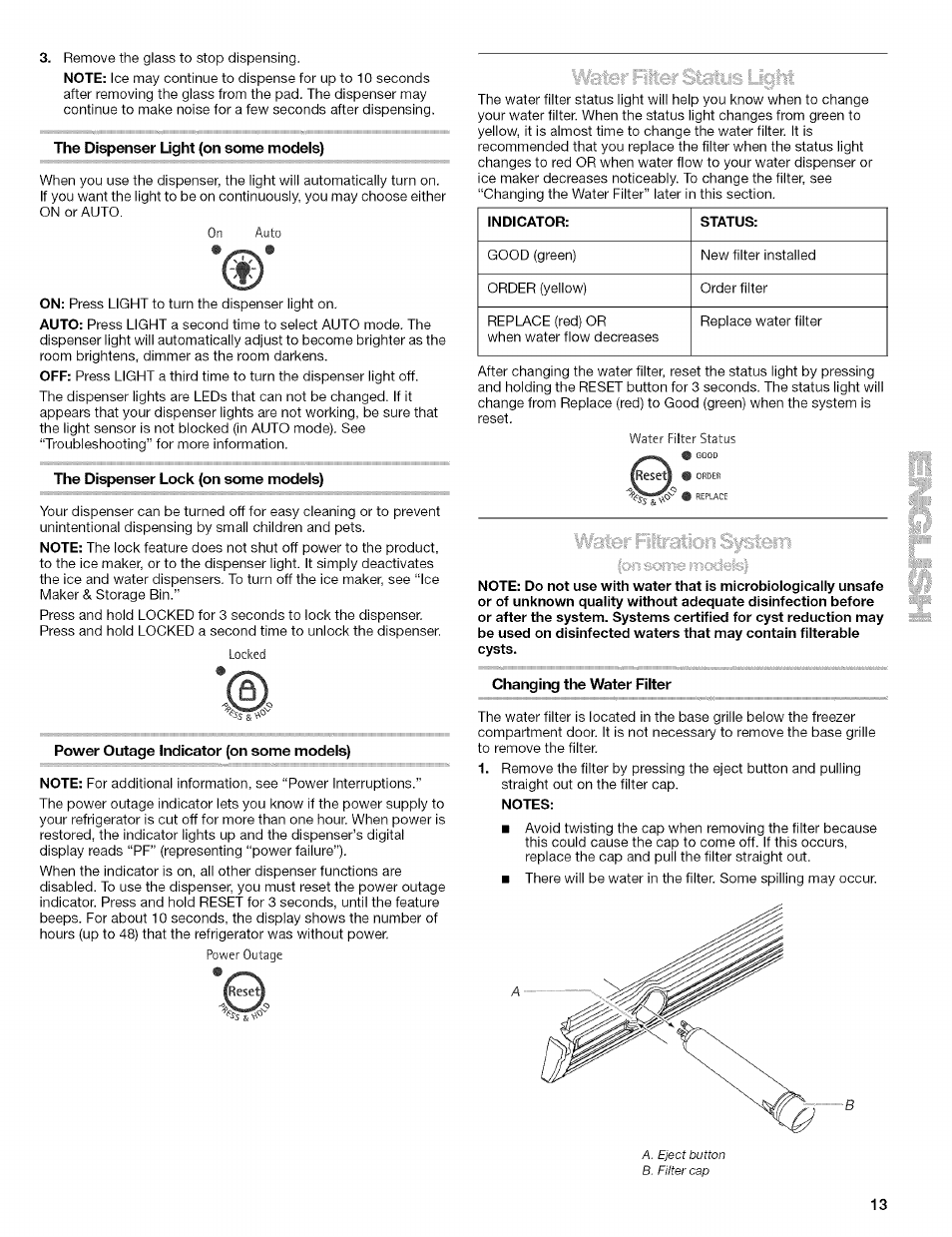 The dispenser light (on some models), The dispenser lock (on some models), Power outage indicator (on some models) | Changing the water filter, Notes | Kenmore 10656713500 User Manual | Page 13 / 80