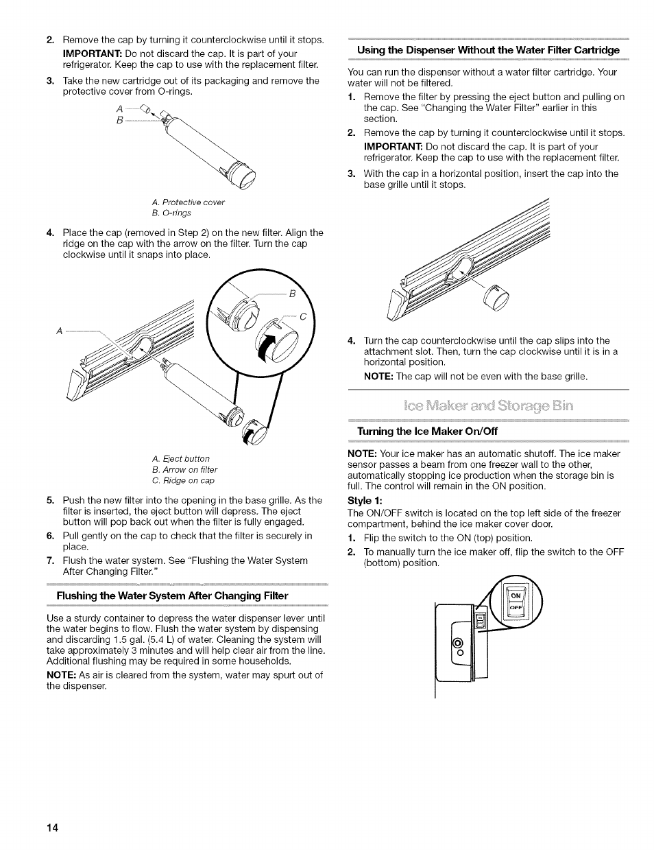 Flushing the water system after changing filter, Turning the ice maker on/off | Kenmore 10656713500 User Manual | Page 14 / 80