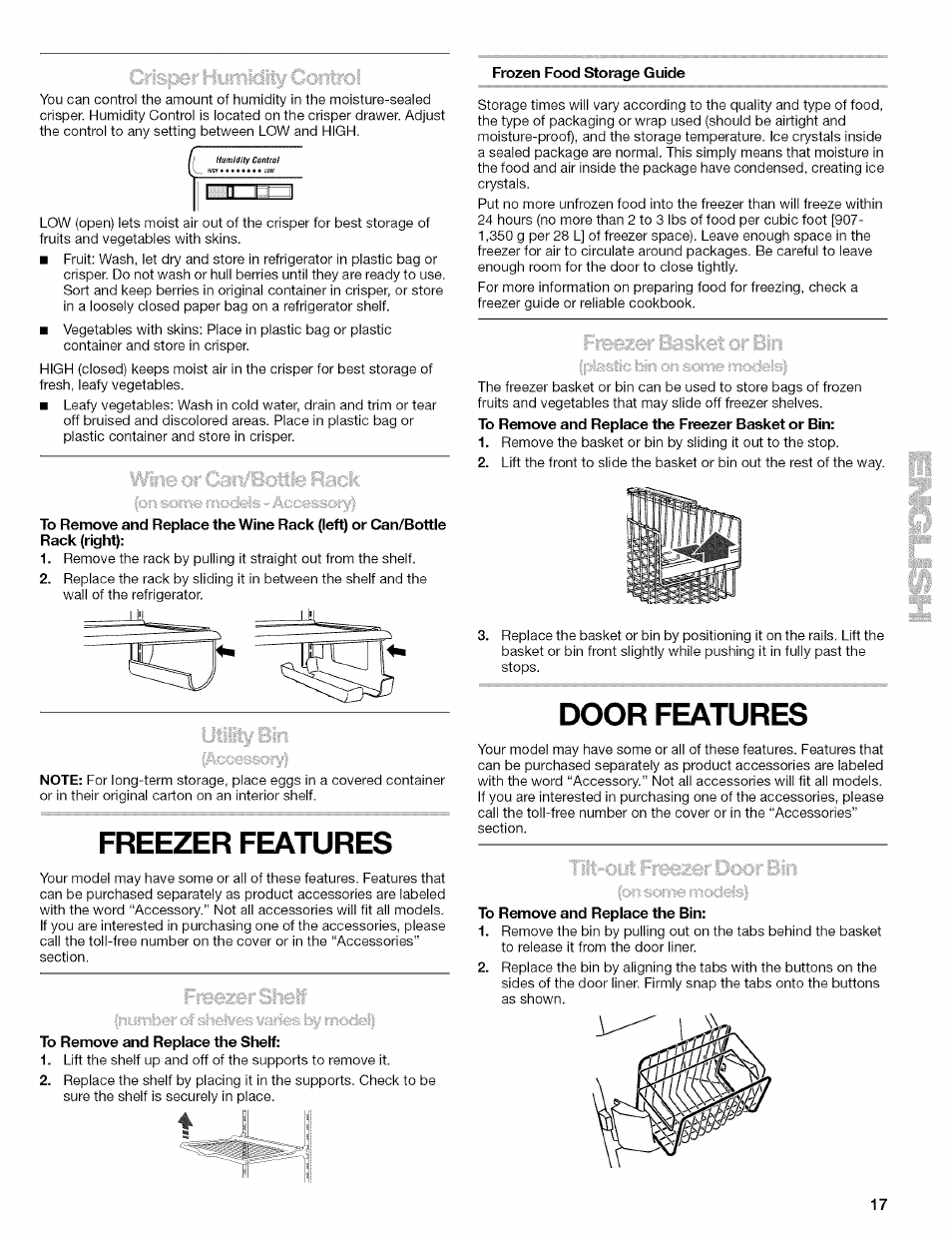 Frozen food storage guide, To remove and repiace the sheif, To remove and replace the bin | Freezer features, Door features | Kenmore 10656713500 User Manual | Page 17 / 80