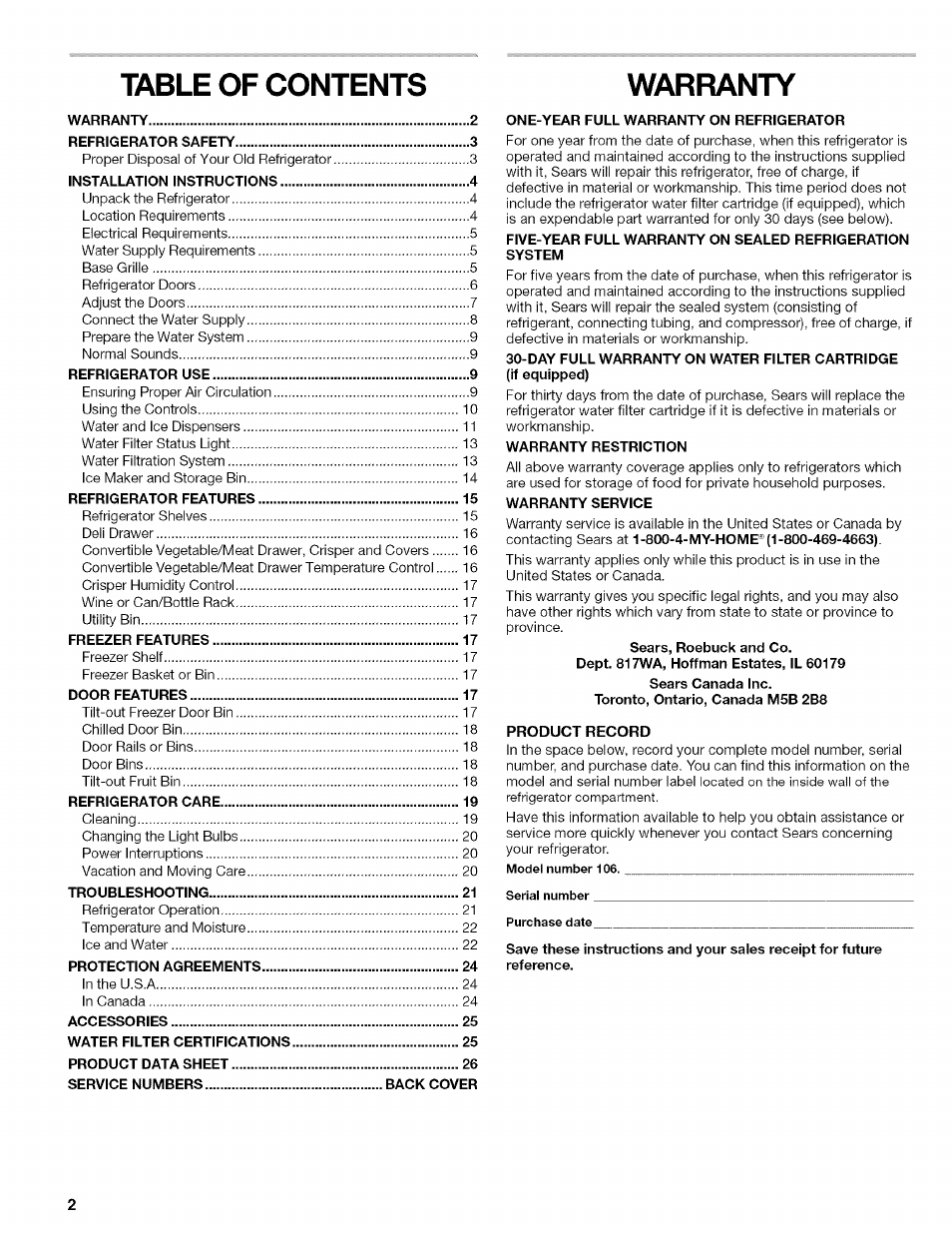 Table of contents warranty | Kenmore 10656713500 User Manual | Page 2 / 80