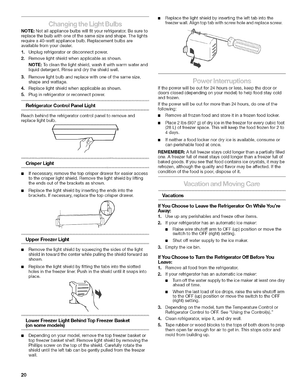 Refrigerator control panel light, Crisper light, Upper freezer light | Vacations | Kenmore 10656713500 User Manual | Page 20 / 80