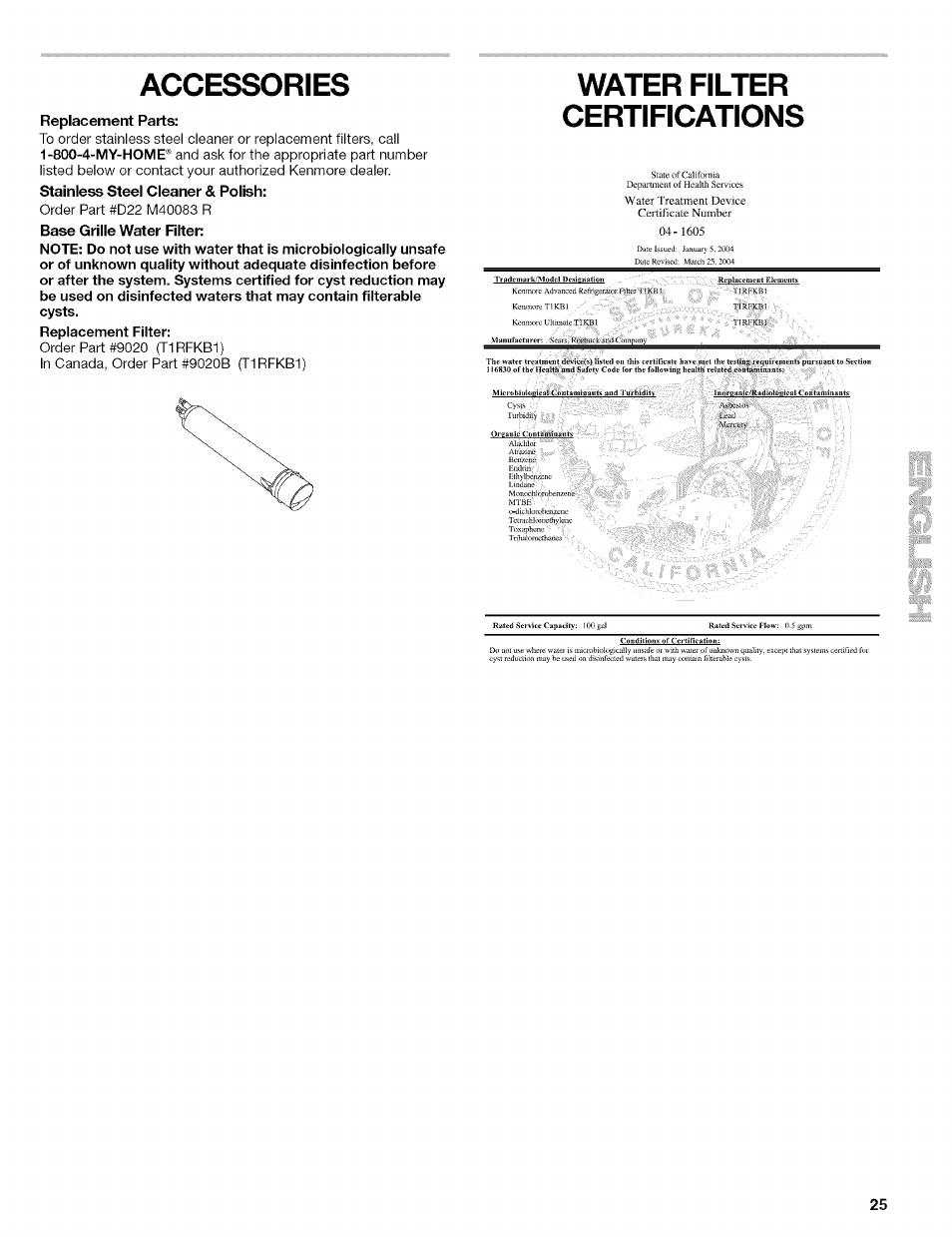 Replacement parts, Accessories, Water filter certifications | Kenmore 10656713500 User Manual | Page 25 / 80