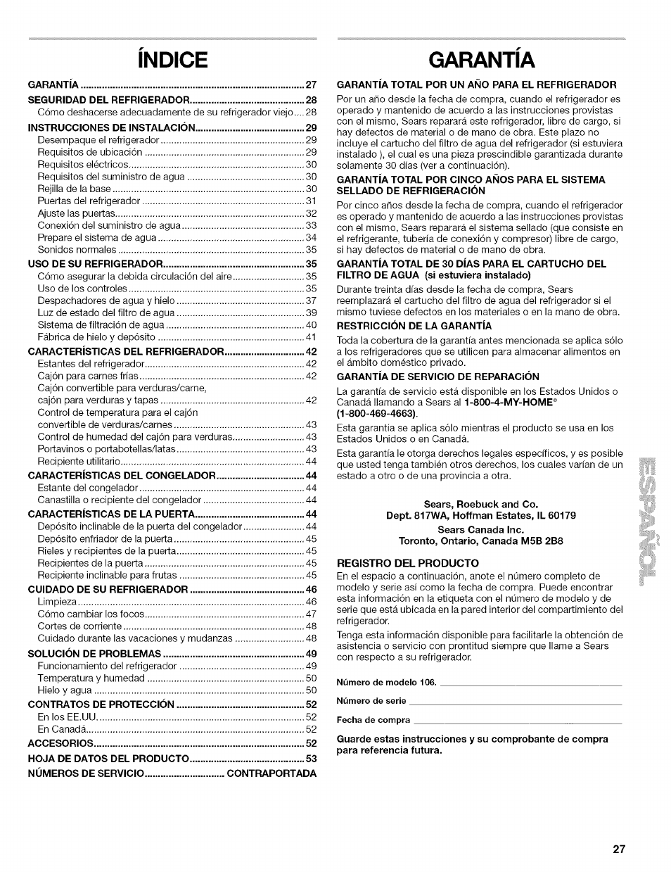 Indice garantia | Kenmore 10656713500 User Manual | Page 27 / 80